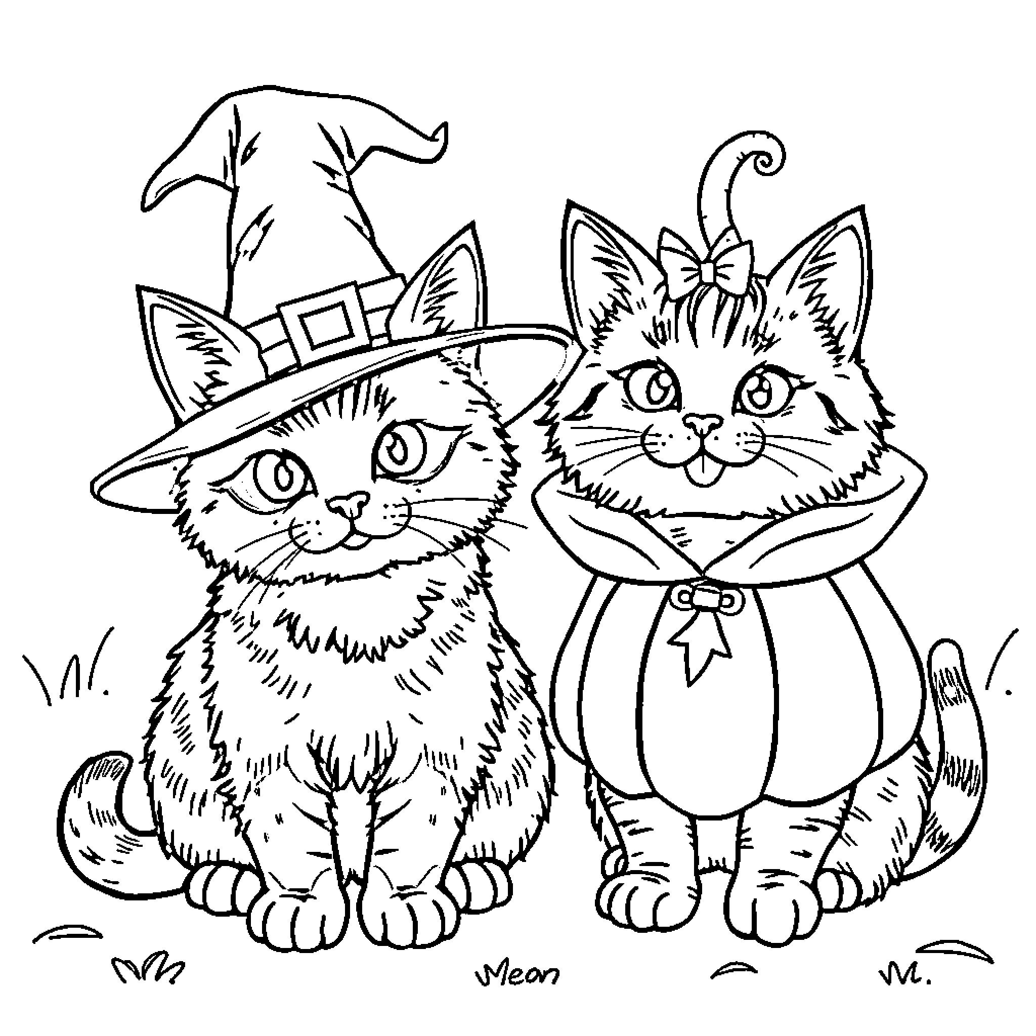 Cats in Halloween Costumes Coloring Page (free black-and-white line drawing printable PDF for all, from beginners to advanced learners, including children, teens, adults, and seniors)