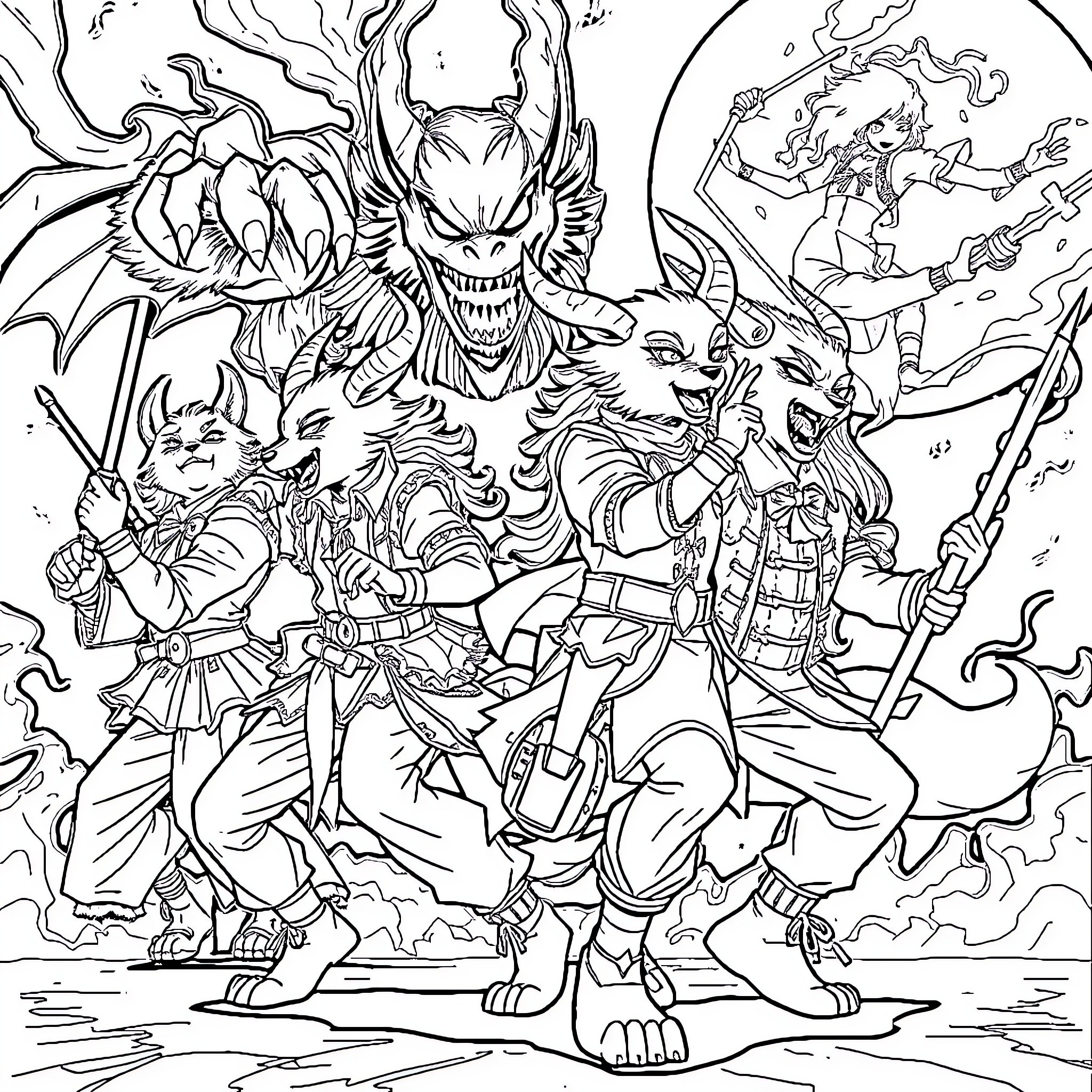 Animal warriors battling fierce demonic creatures Coloring Page (free black-and-white line drawing printable PDF for all, from beginners to advanced learners, including children, teens, adults, and seniors)