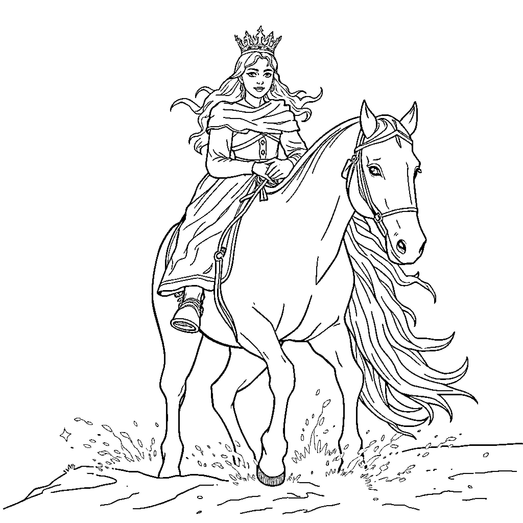 Queen riding gracefully on a majestic horse Coloring Page (free black-and-white line drawing printable PDF for all, from beginners to advanced learners, including children, teens, adults, and seniors)