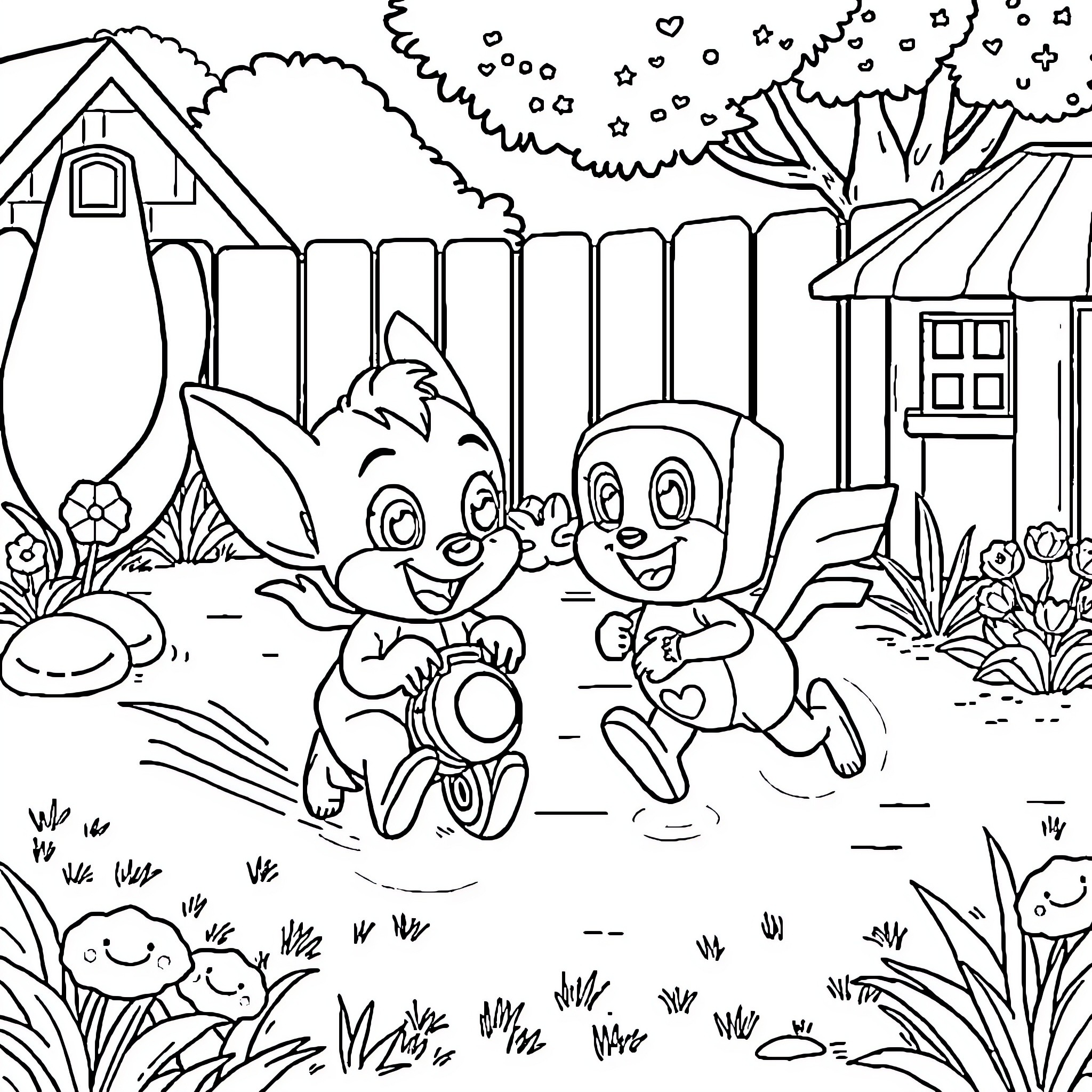 Bluey and Bingo's Playful Adventure Coloring Page (free black-and-white line drawing printable PDF for all, from beginners to advanced learners, including children, teens, adults, and seniors)