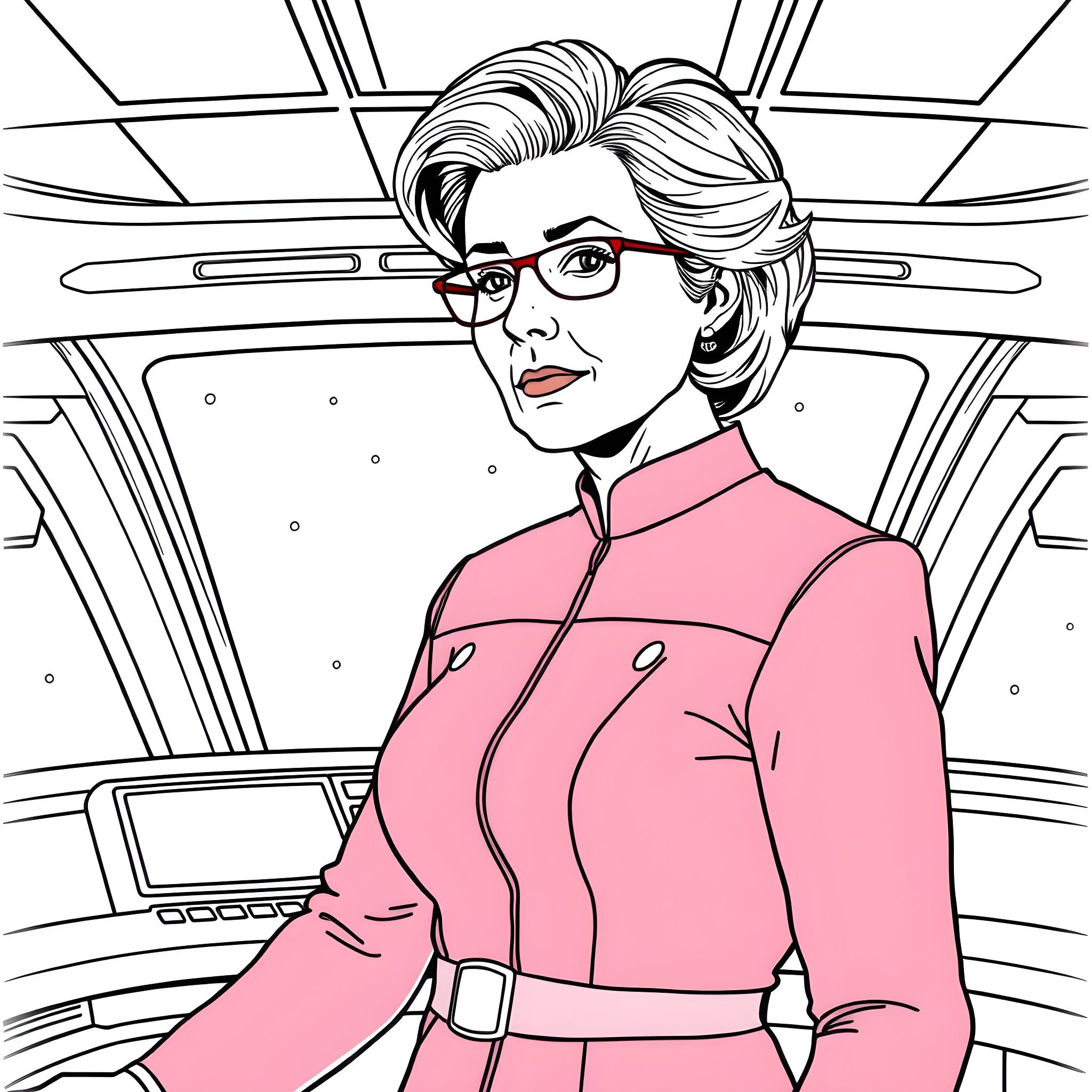 Janeway commanding the starship with determination Coloring Page (free black-and-white line drawing printable PDF for all, from beginners to advanced learners, including children, teens, adults, and seniors)