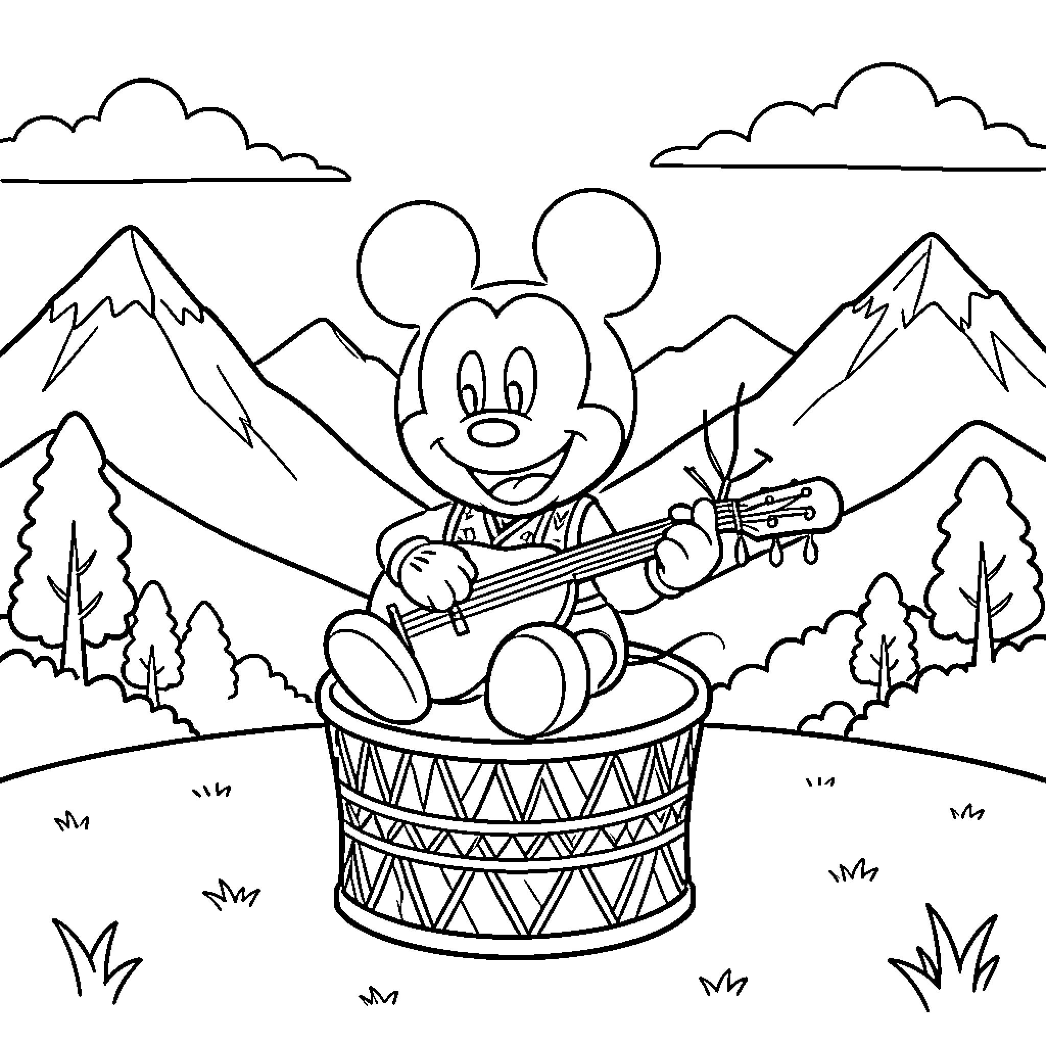 Miki Mouse playing music on a drum in the mountains Coloring Page (free black-and-white line drawing printable PDF for all, from beginners to advanced learners, including children, teens, adults, and seniors)