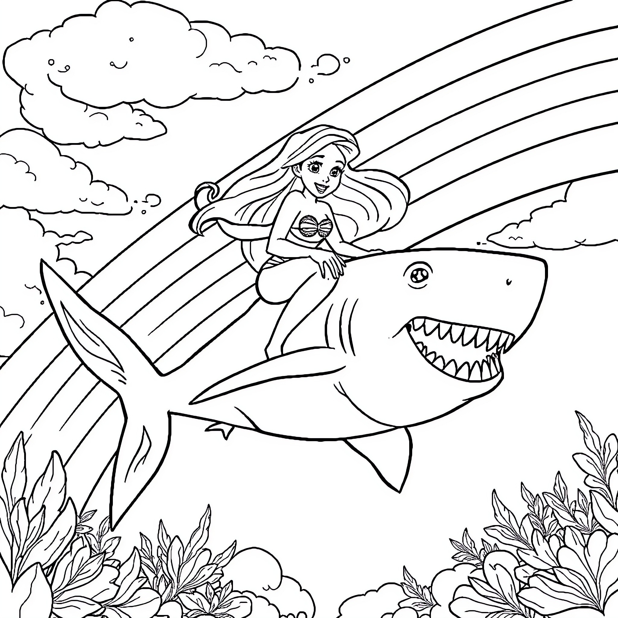 Ariel riding a shark in a colorful underwater scene Coloring Page (free black-and-white line drawing printable PDF for all, from beginners to advanced learners, including children, teens, adults, and seniors)