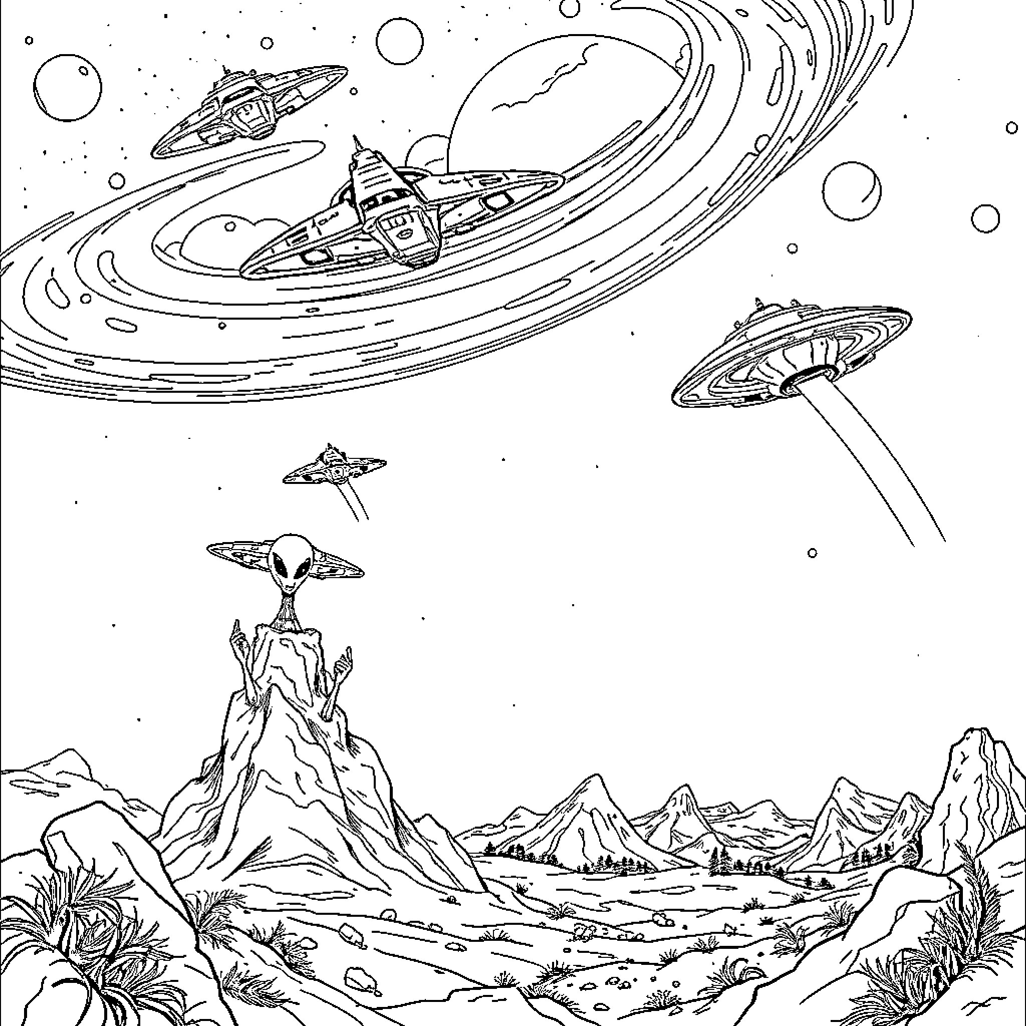 Alien spacecraft exploring an alien landscape Coloring Page (free black-and-white line drawing printable PDF for all, from beginners to advanced learners, including children, teens, adults, and seniors)