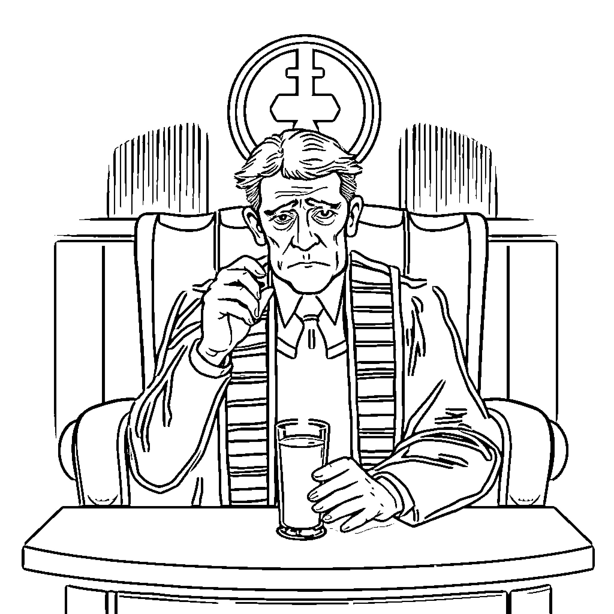Justice Served in Contemplative Solemnity Coloring Page (free black-and-white line drawing printable PDF for all, from beginners to advanced learners, including children, teens, adults, and seniors)
