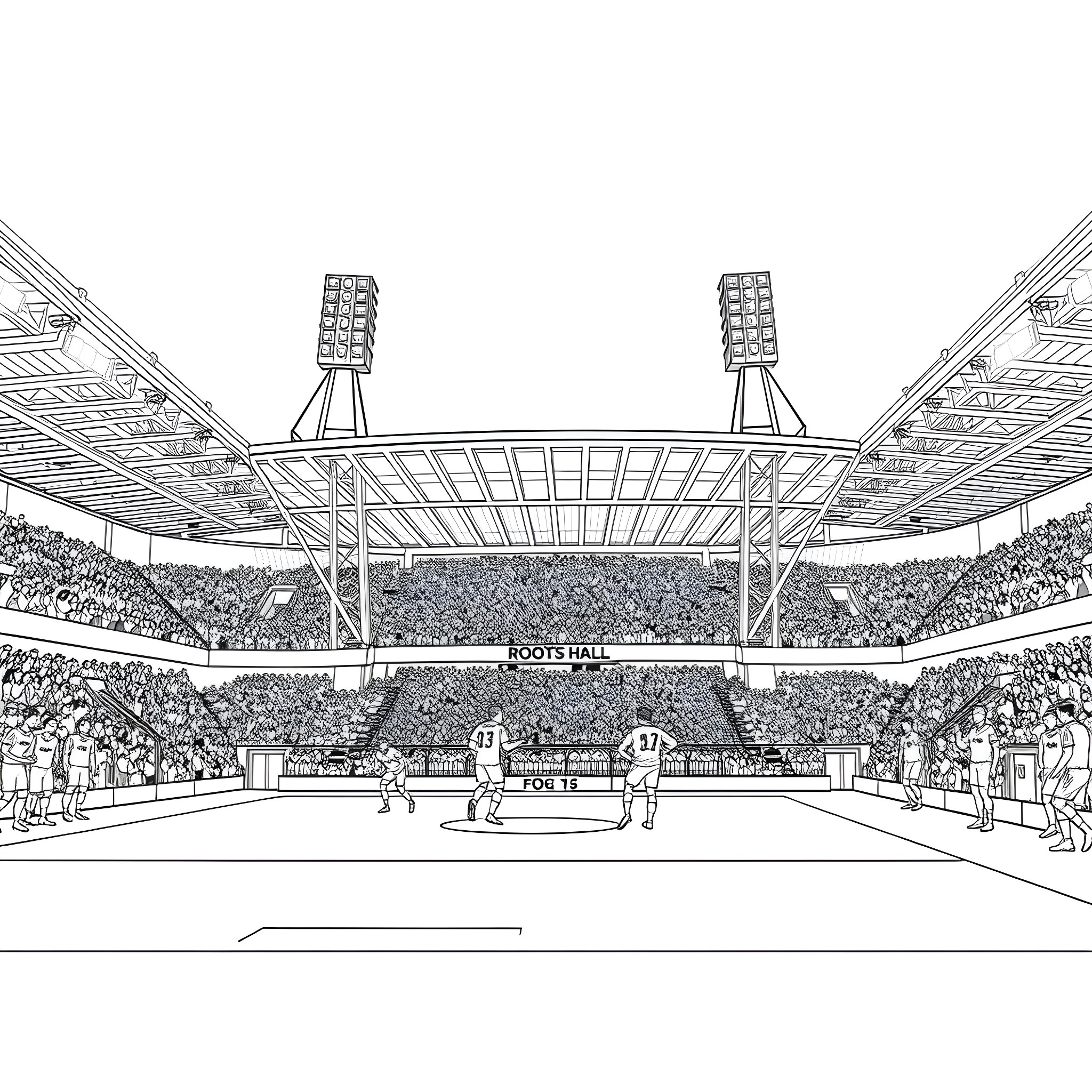 Stadium with players and cheering crowd Coloring Page (free black-and-white line drawing printable PDF for all, from beginners to advanced learners, including children, teens, adults, and seniors)