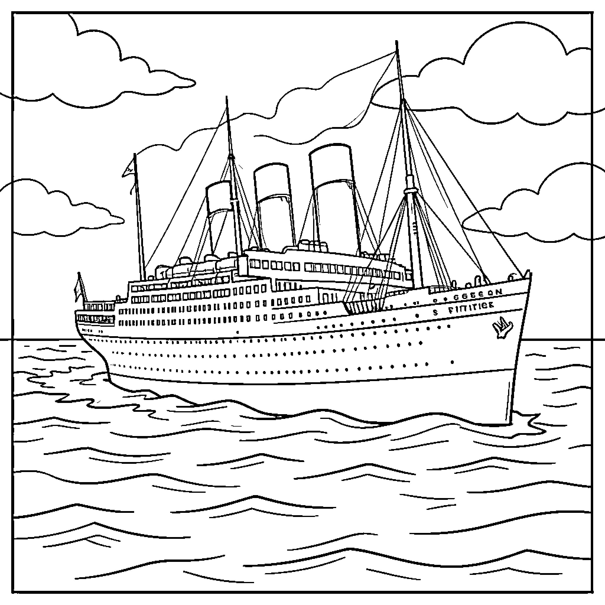 Titanic ocean liner sailing through wavy waters Coloring Page (free black-and-white line drawing printable PDF for all, from beginners to advanced learners, including children, teens, adults, and seniors)
