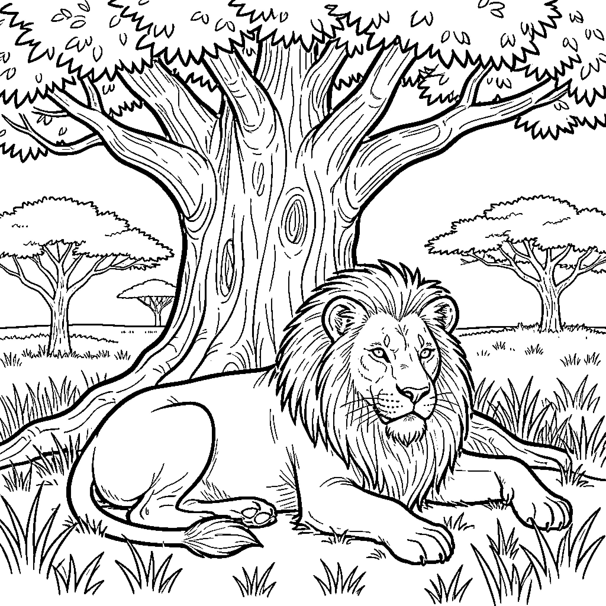 Lion resting in a serene forest landscape Coloring Page (free black-and-white line drawing printable PDF for all, from beginners to advanced learners, including children, teens, adults, and seniors)