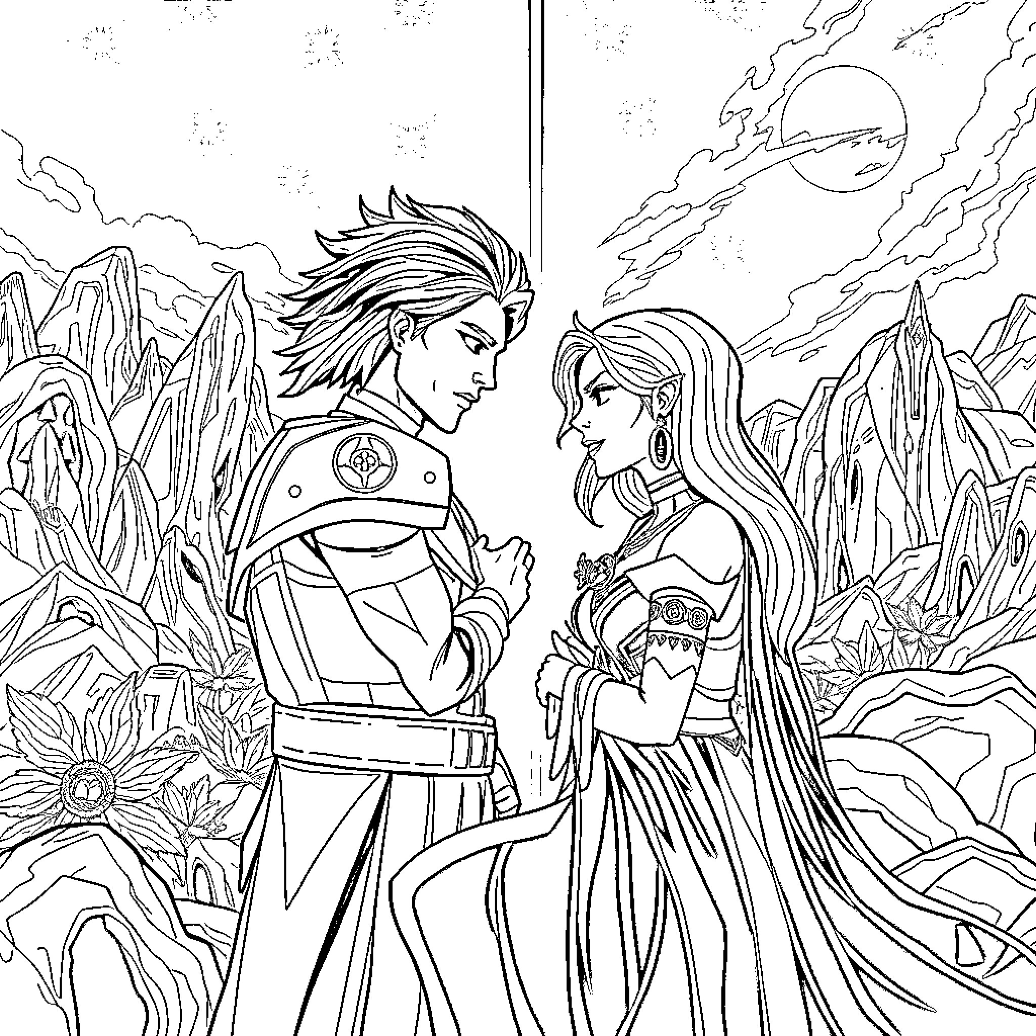 Jax and Elise's Enchanting Encounter Coloring Page (free black-and-white line drawing printable PDF for all, from beginners to advanced learners, including children, teens, adults, and seniors)