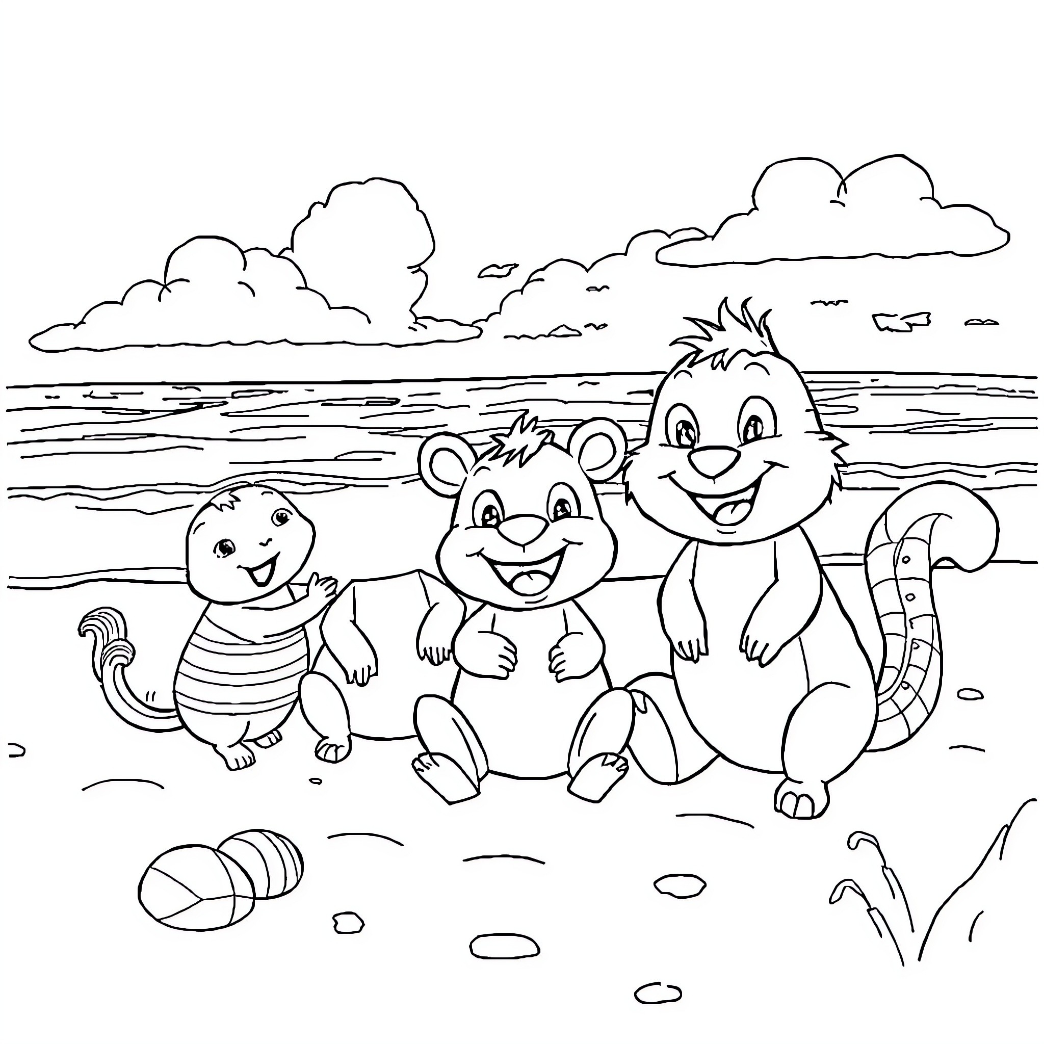 Critters frolicking on the beach Coloring Page (free black-and-white line drawing printable PDF for all, from beginners to advanced learners, including children, teens, adults, and seniors)