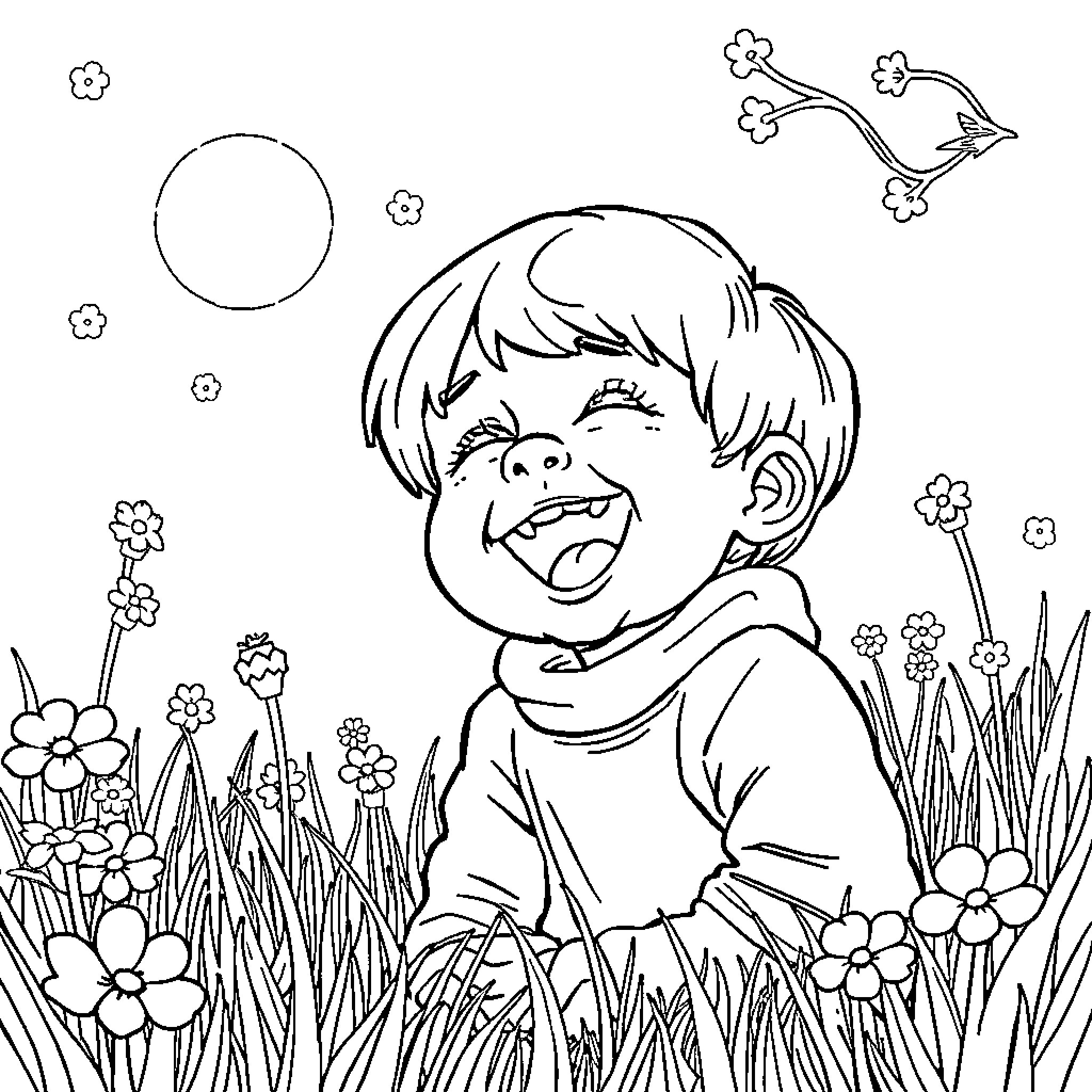 Child playing happily in a field of flowers Coloring Page (free black-and-white line drawing printable PDF for all, from beginners to advanced learners, including children, teens, adults, and seniors)