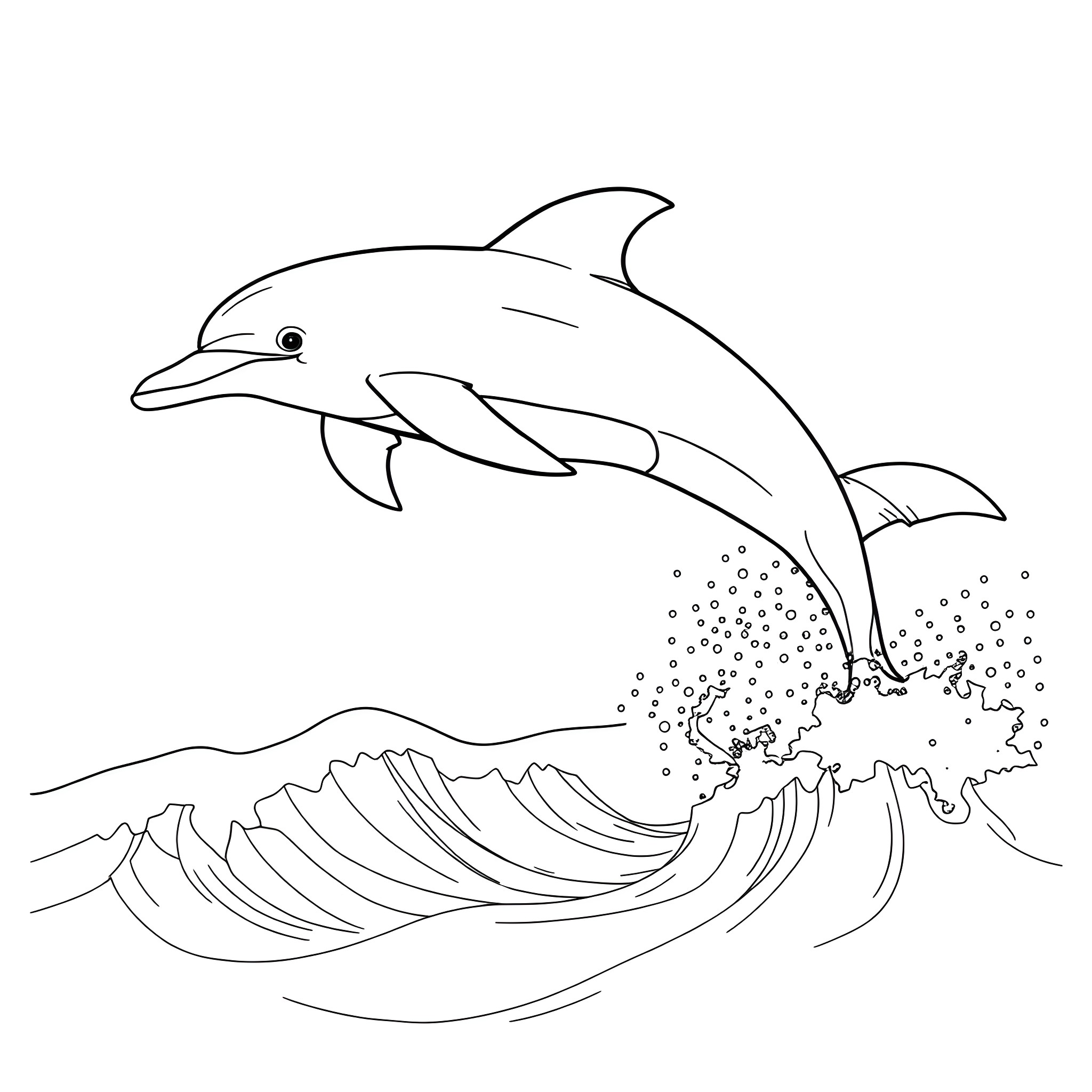 Dolphin jumping over ocean waves Coloring Page (free black-and-white line drawing printable PDF for all, from beginners to advanced learners, including children, teens, adults, and seniors)