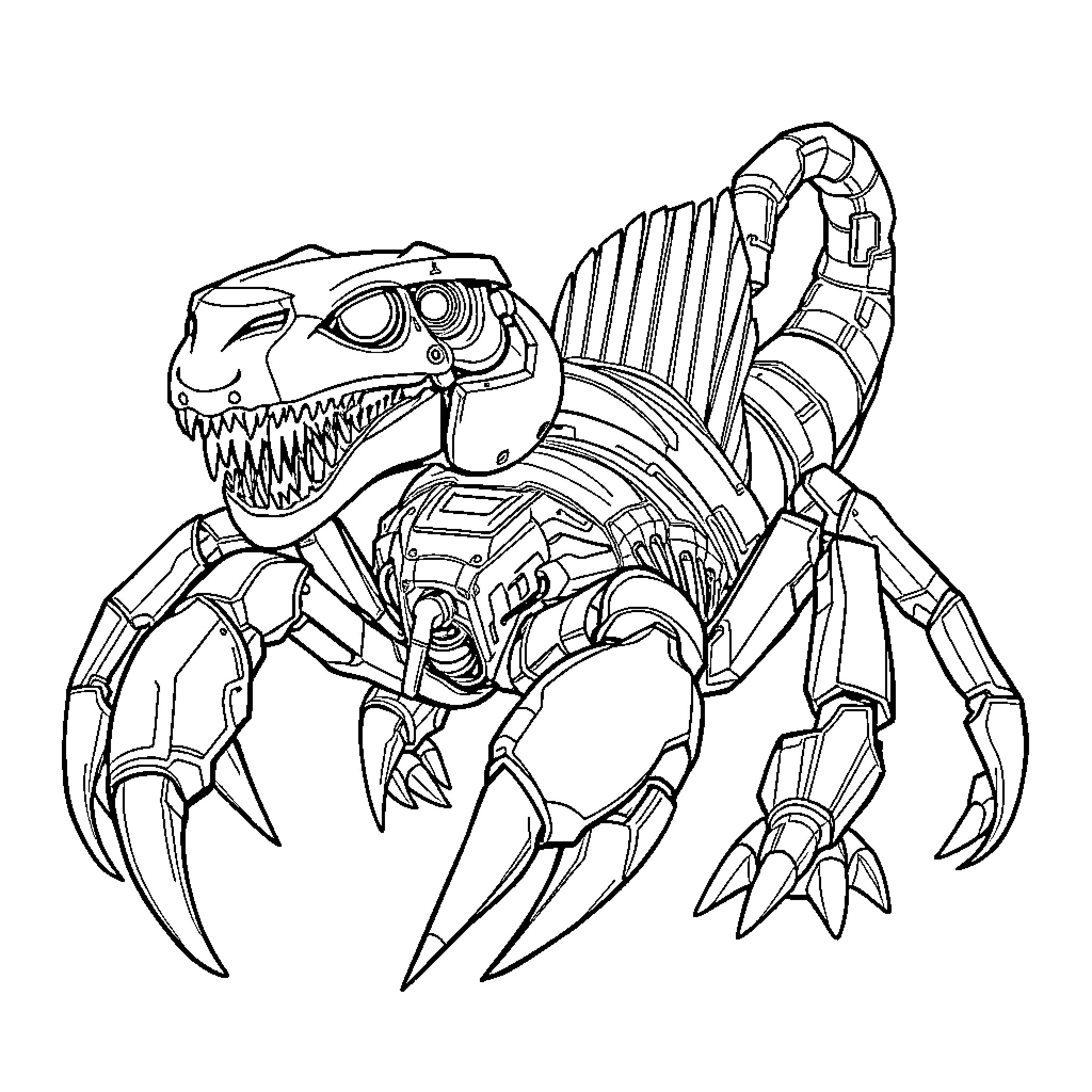Dinosaur robot with menacing claws and teeth Coloring Page (free black-and-white line drawing printable PDF for all, from beginners to advanced learners, including children, teens, adults, and seniors)