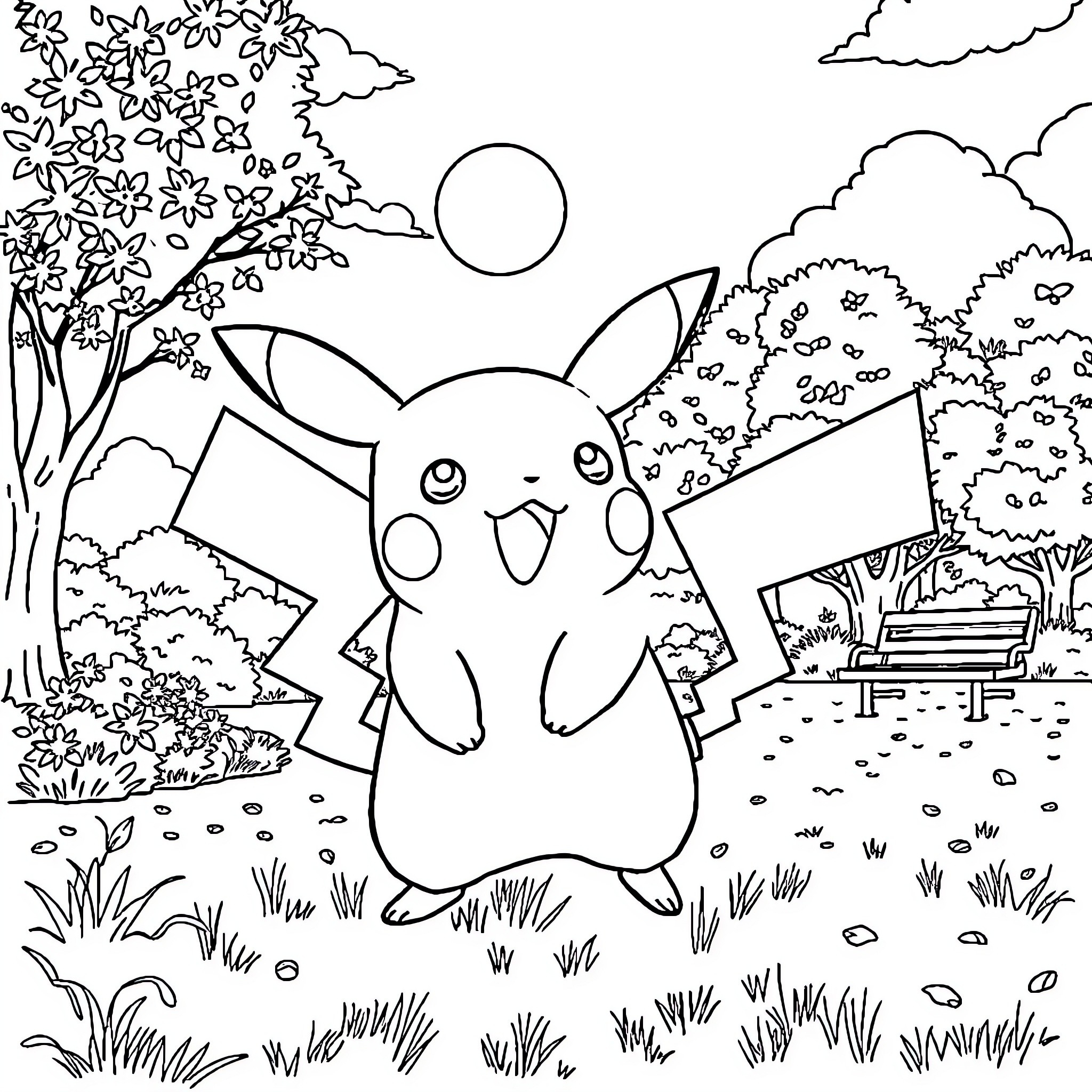 Pikachu enjoying a sunny day in nature Coloring Page (free black-and-white line drawing printable PDF for all, from beginners to advanced learners, including children, teens, adults, and seniors)