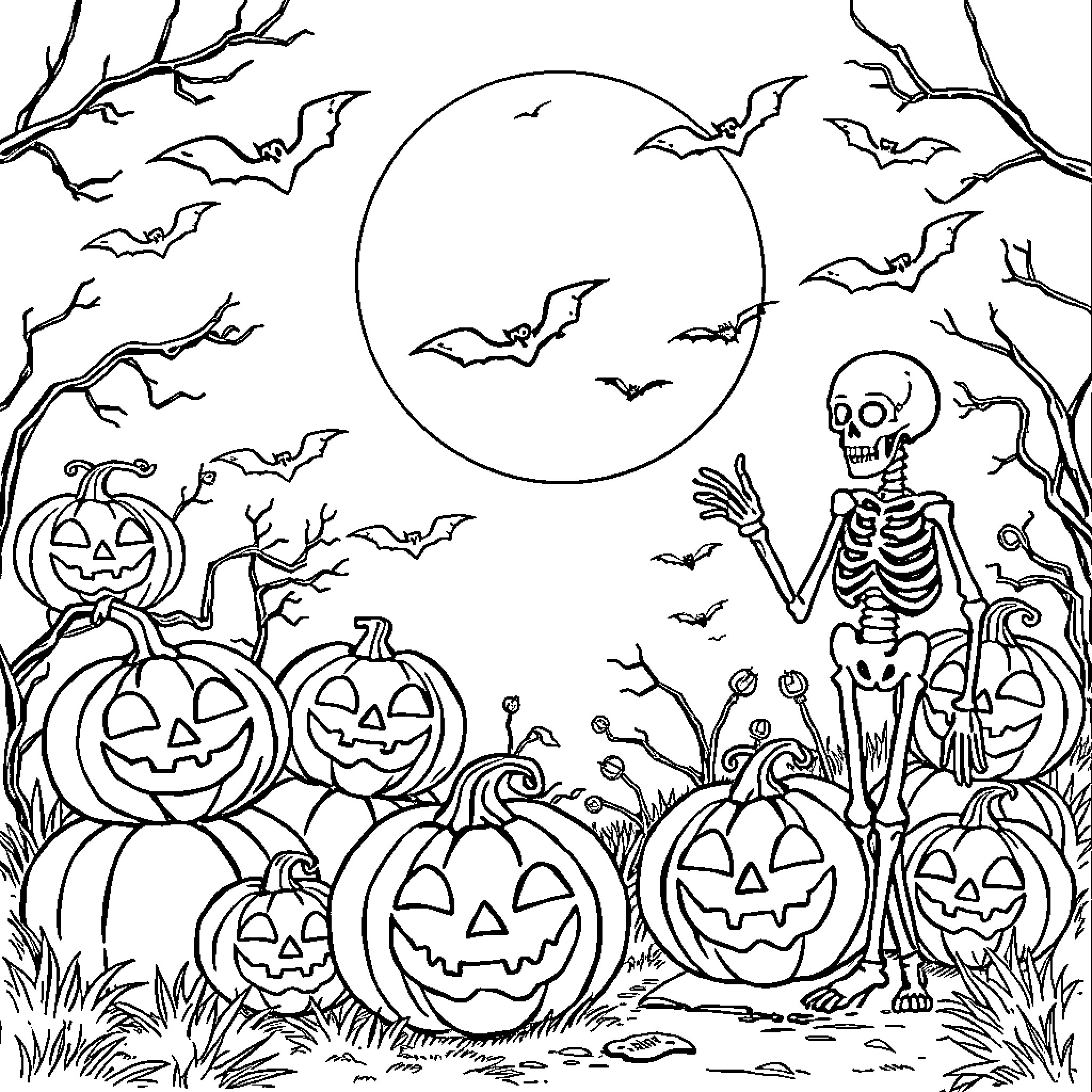 Halloween Night Scene with Pumpkins and Skeletons Coloring Page (free black-and-white line drawing printable PDF for all, from beginners to advanced learners, including children, teens, adults, and seniors)