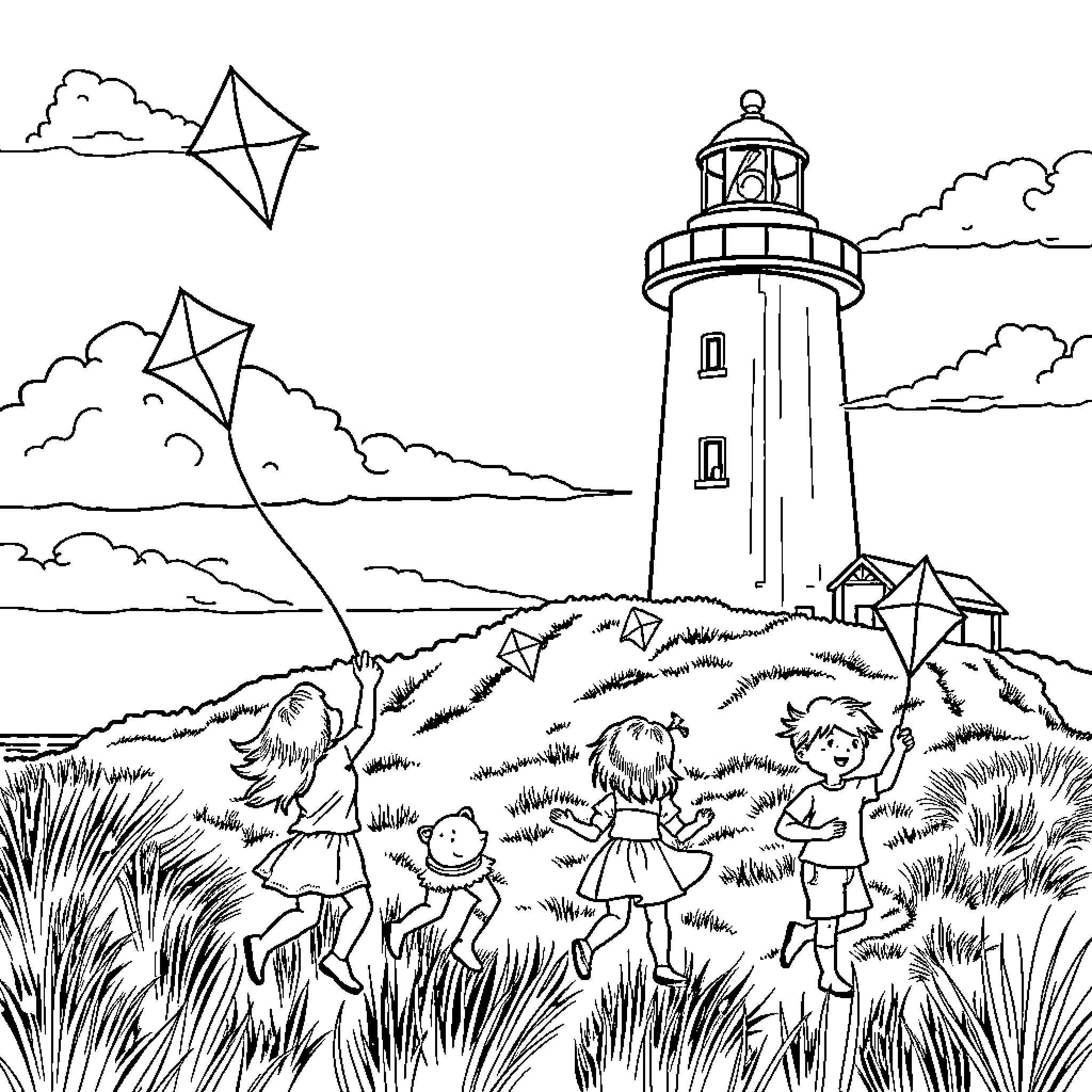 Kids playing with kites by the lighthouse Coloring Page (free black-and-white line drawing printable PDF for all, from beginners to advanced learners, including children, teens, adults, and seniors)