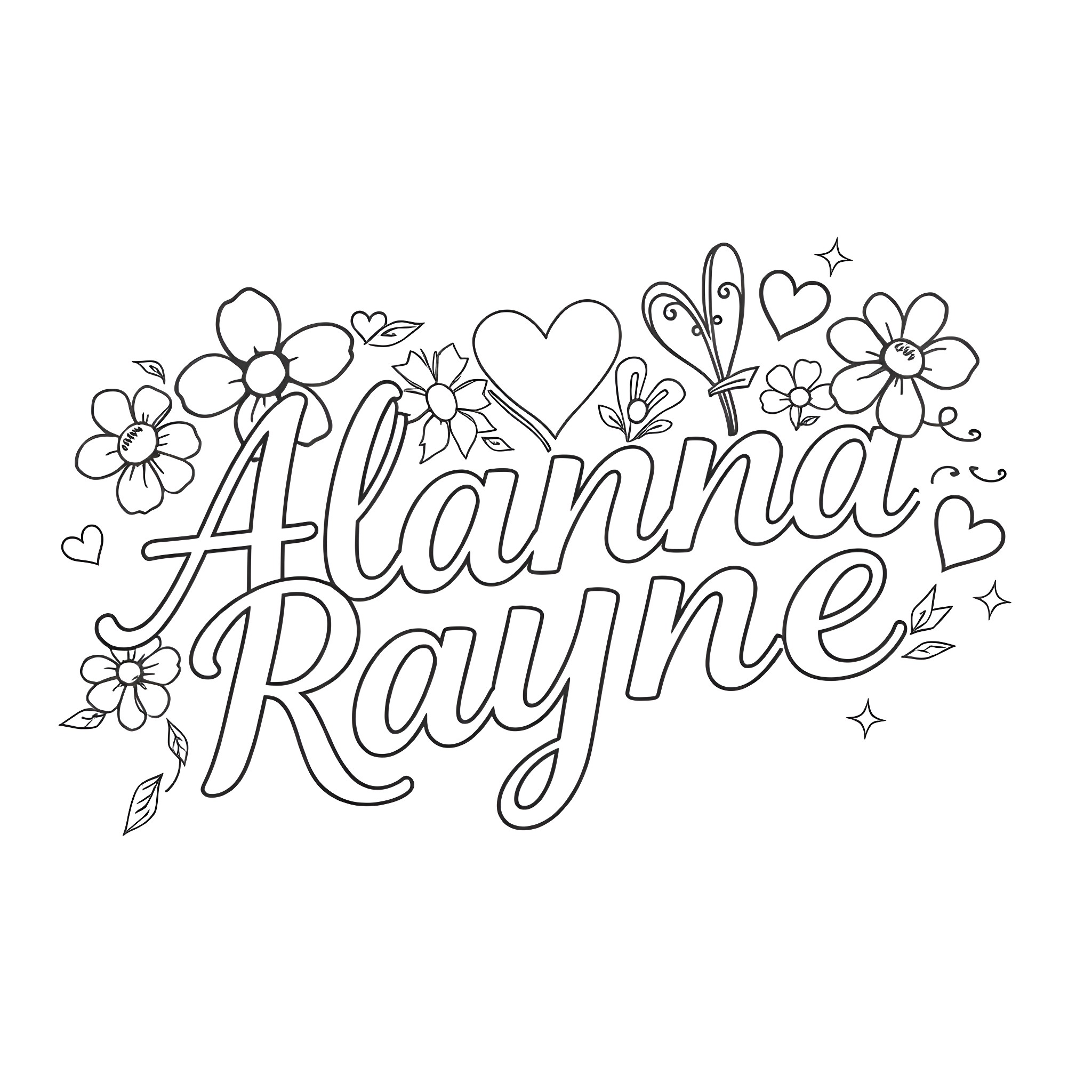 Cursive text with floral doodles and hearts Coloring Page (free black-and-white line drawing printable PDF for all, from beginners to advanced learners, including children, teens, adults, and seniors)