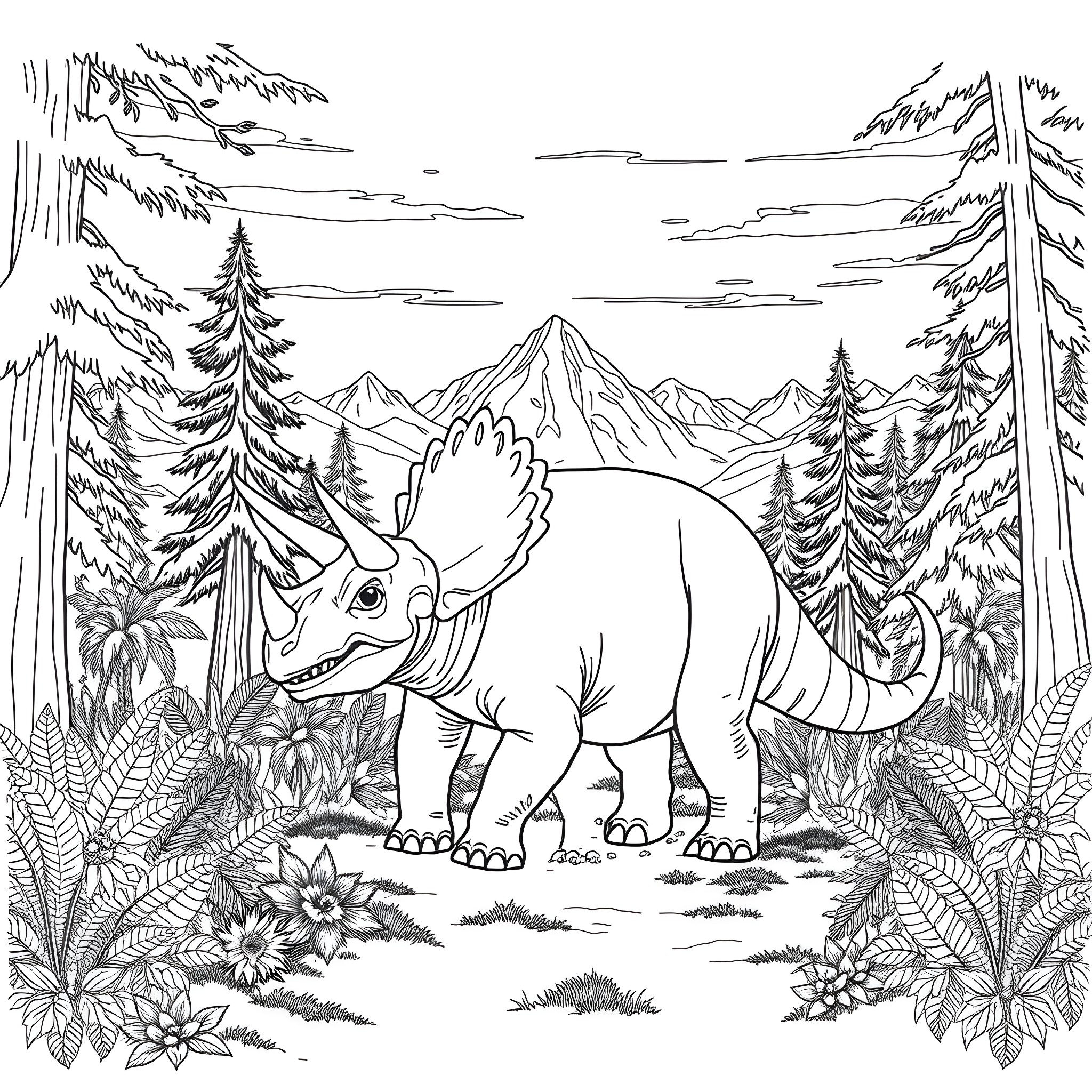 Triceratops exploring the lush prehistoric landscape Coloring Page (free black-and-white line drawing printable PDF for all, from beginners to advanced learners, including children, teens, adults, and seniors)