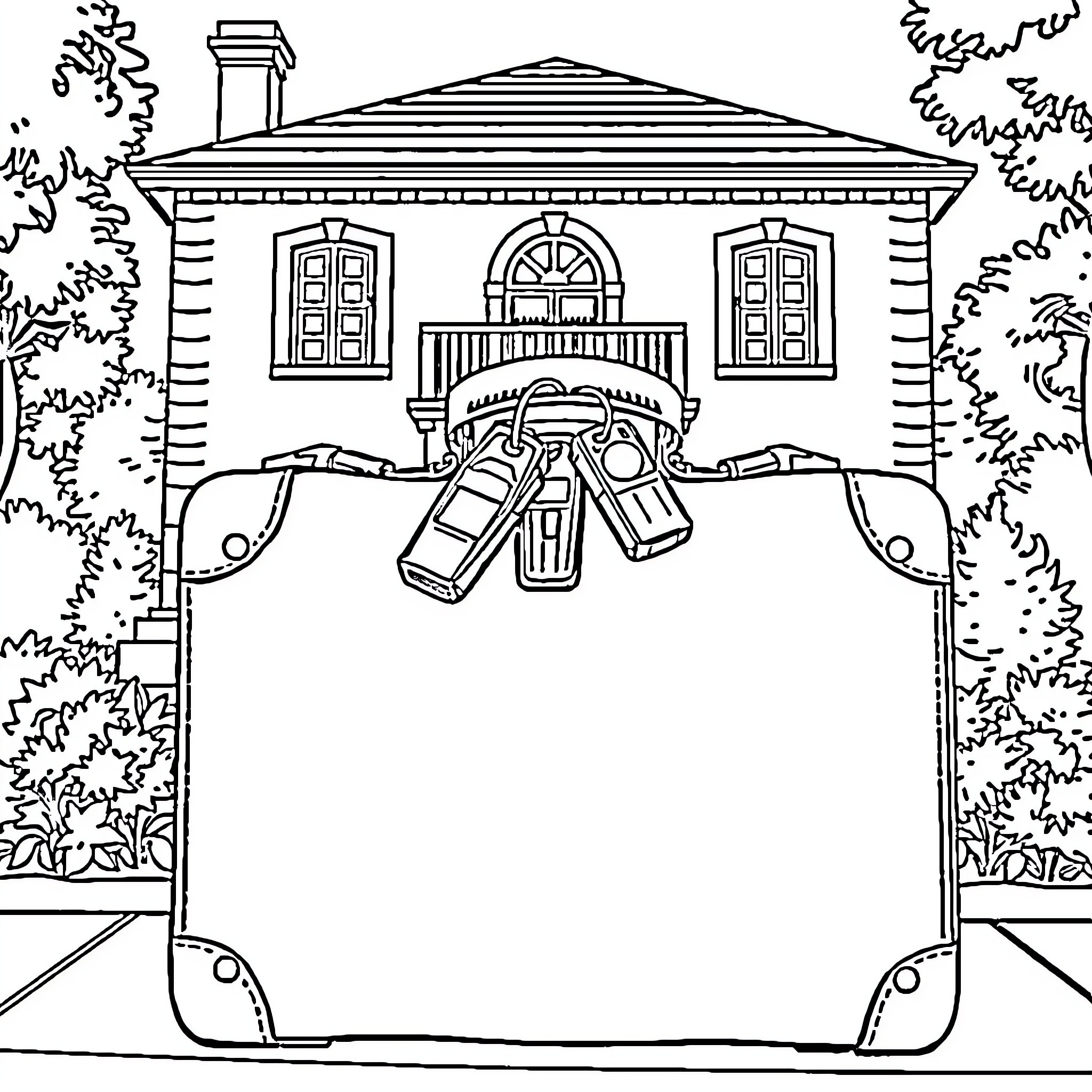 Valise of luggage outside residential home Coloring Page (free black-and-white line drawing printable PDF for all, from beginners to advanced learners, including children, teens, adults, and seniors)