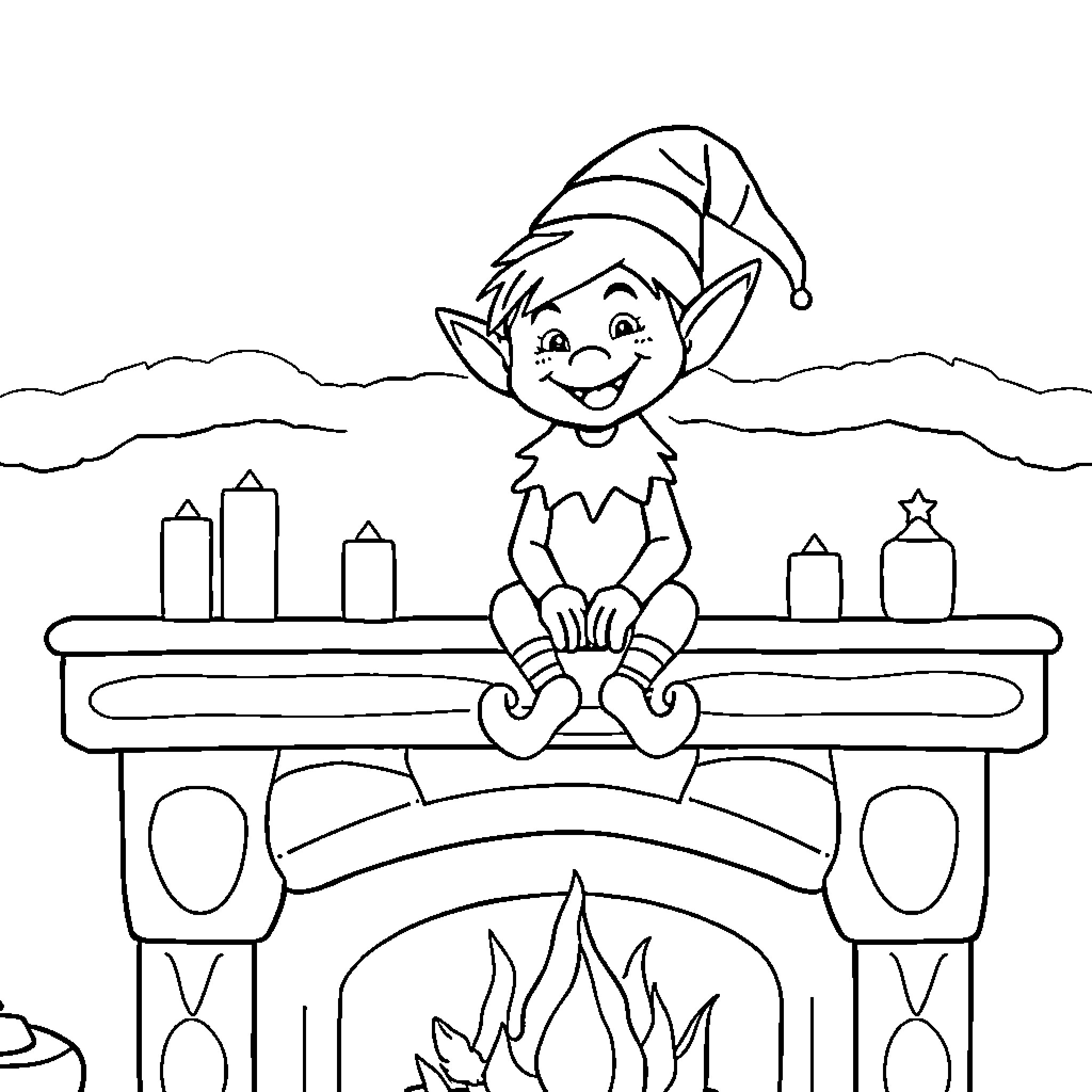 Elf sitting cheerfully by the fireplace Coloring Page (free black-and-white line drawing printable PDF for all, from beginners to advanced learners, including children, teens, adults, and seniors)