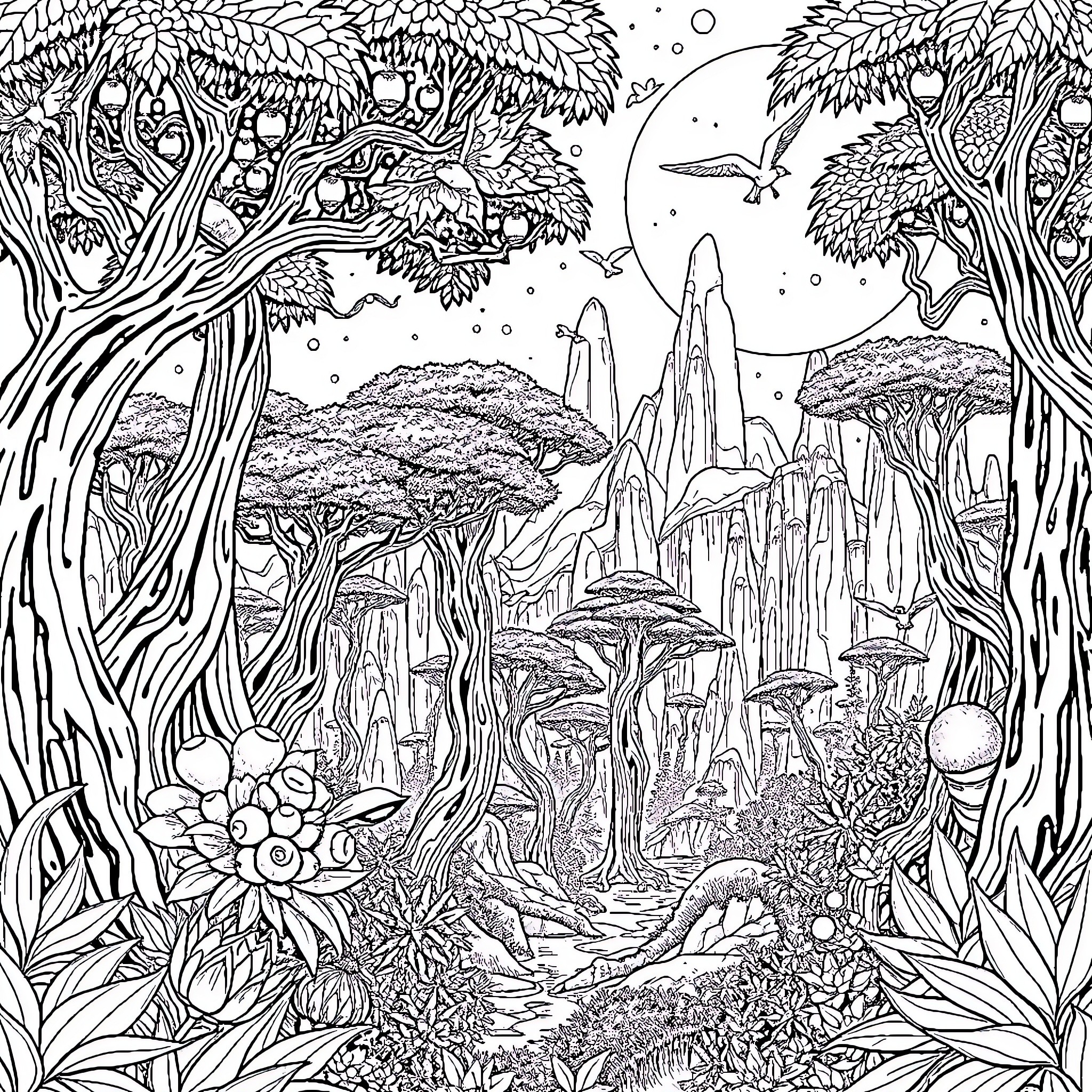 Avatar of Enchanted Whimsical Forest Landscape Coloring Page (free black-and-white line drawing printable PDF for all, from beginners to advanced learners, including children, teens, adults, and seniors)