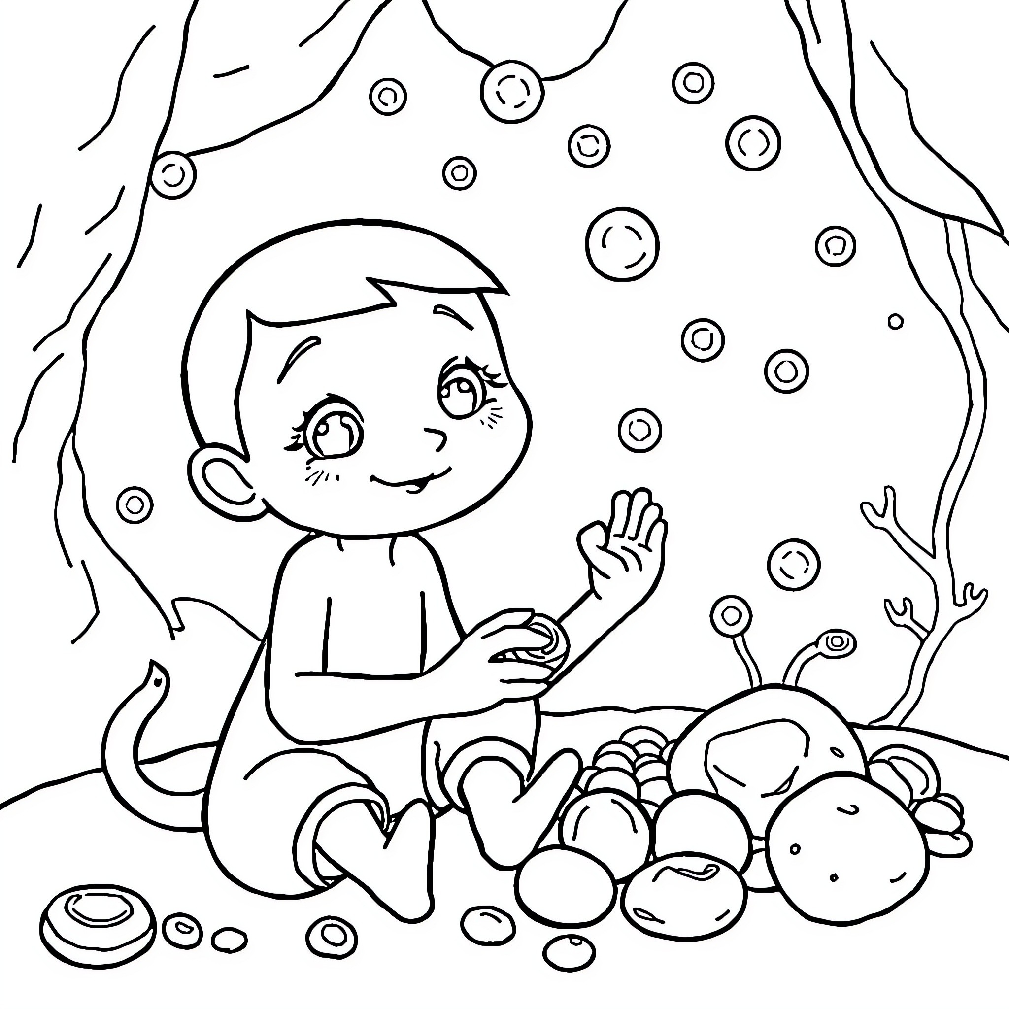 Coraline playing with sea creatures in the ocean Coloring Page (free black-and-white line drawing printable PDF for all, from beginners to advanced learners, including children, teens, adults, and seniors)