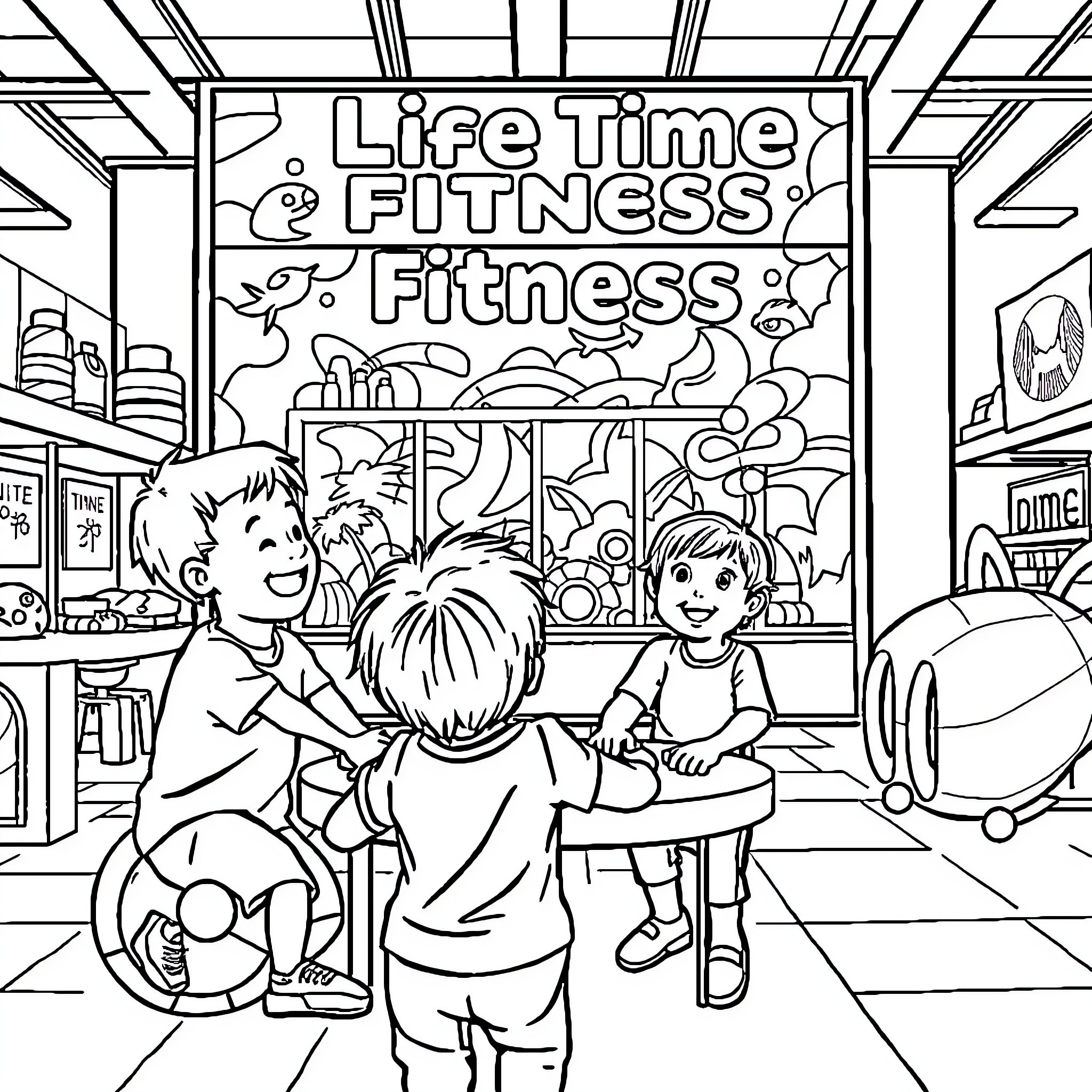 Kids playing at the Fitness Center Coloring Page (free black-and-white line drawing printable PDF for all, from beginners to advanced learners, including children, teens, adults, and seniors)