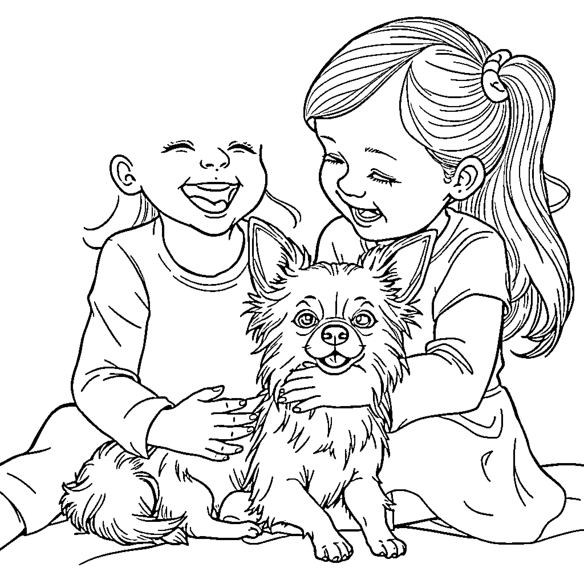 Chihuahua playing happily with children Coloring Page (free black-and-white line drawing printable PDF for all, from beginners to advanced learners, including children, teens, adults, and seniors)