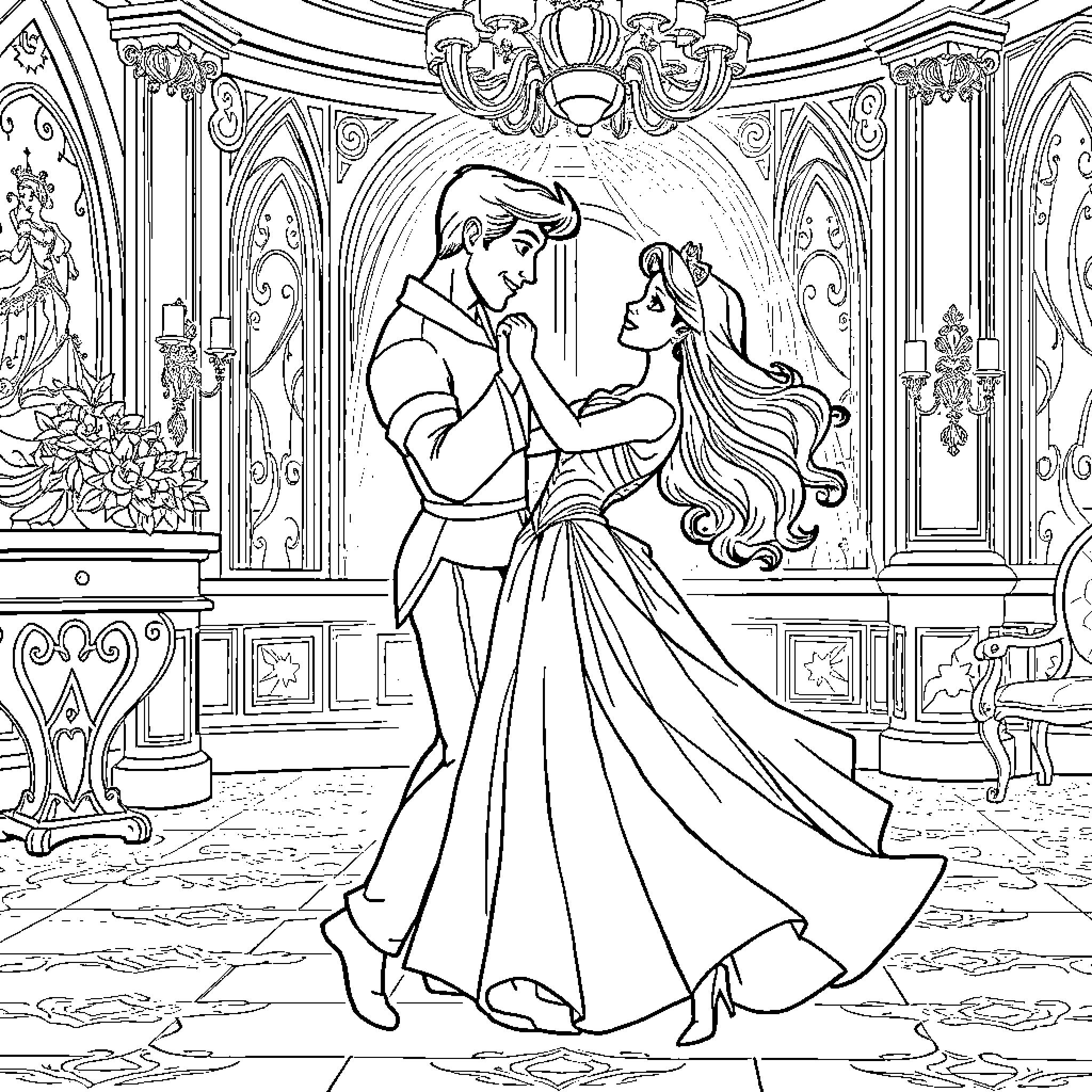 Princess Ariel and Prince Eric dancing in the palace Coloring Page (free black-and-white line drawing printable PDF for all, from beginners to advanced learners, including children, teens, adults, and seniors)
