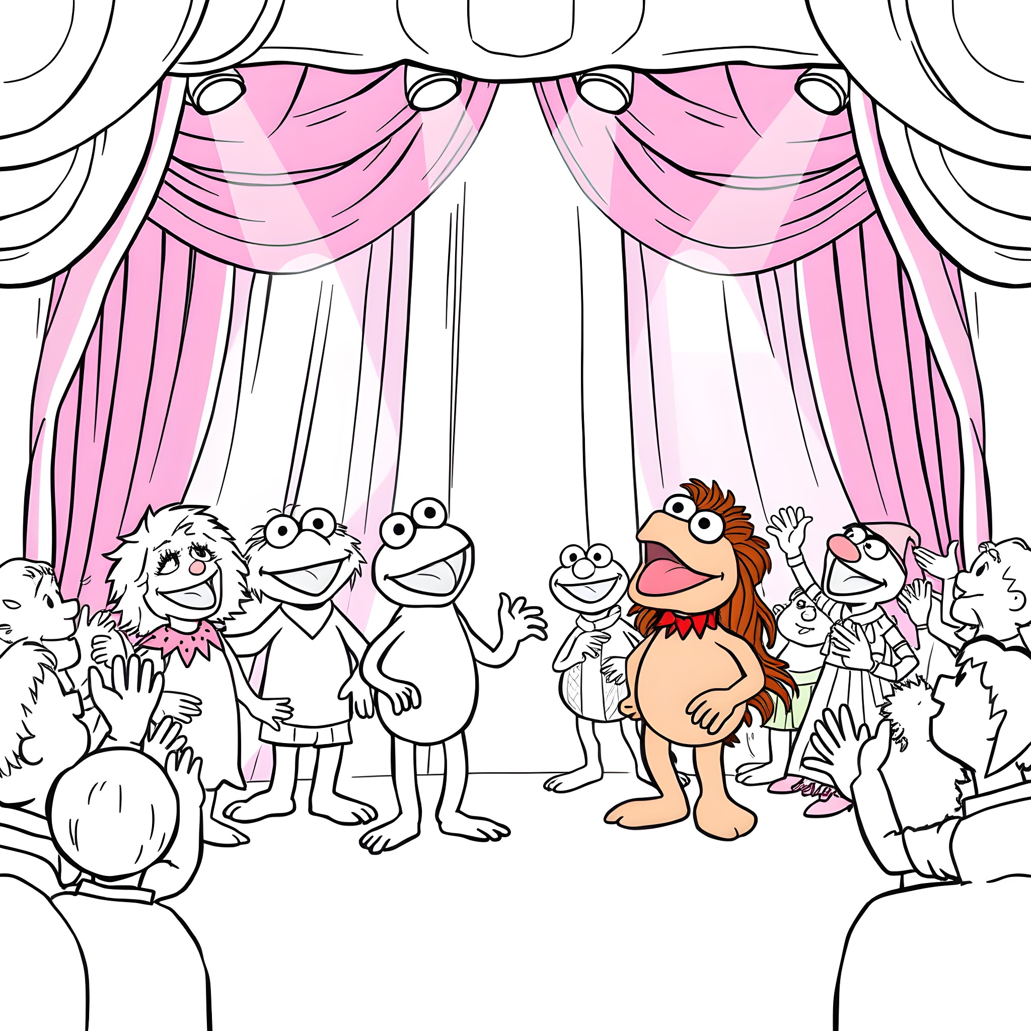 Muppet characters in a theatrical performance Coloring Page (free black-and-white line drawing printable PDF for all, from beginners to advanced learners, including children, teens, adults, and seniors)