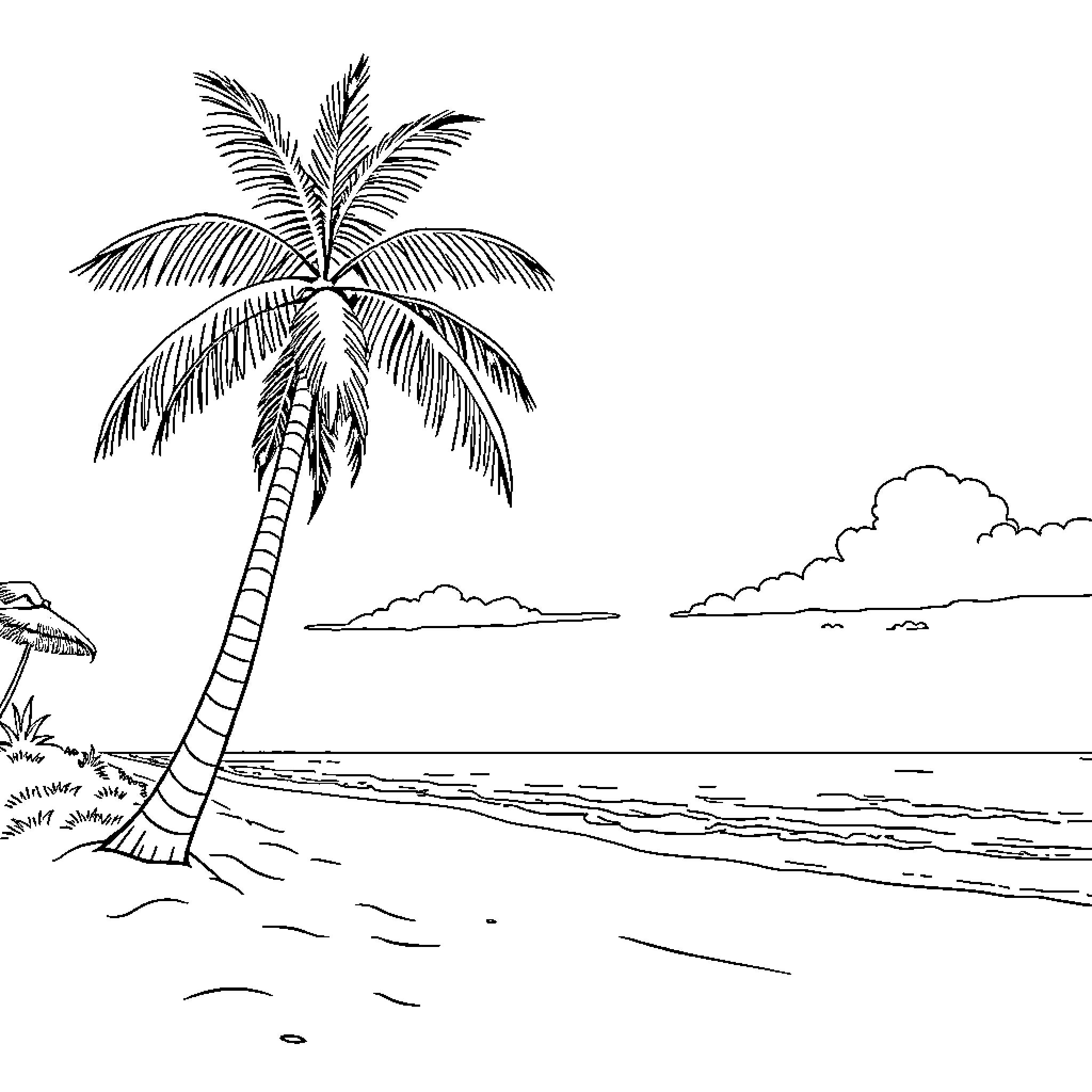 Palm Tree at Tropical Beach Scenery Coloring Page (free black-and-white line drawing printable PDF for all, from beginners to advanced learners, including children, teens, adults, and seniors)