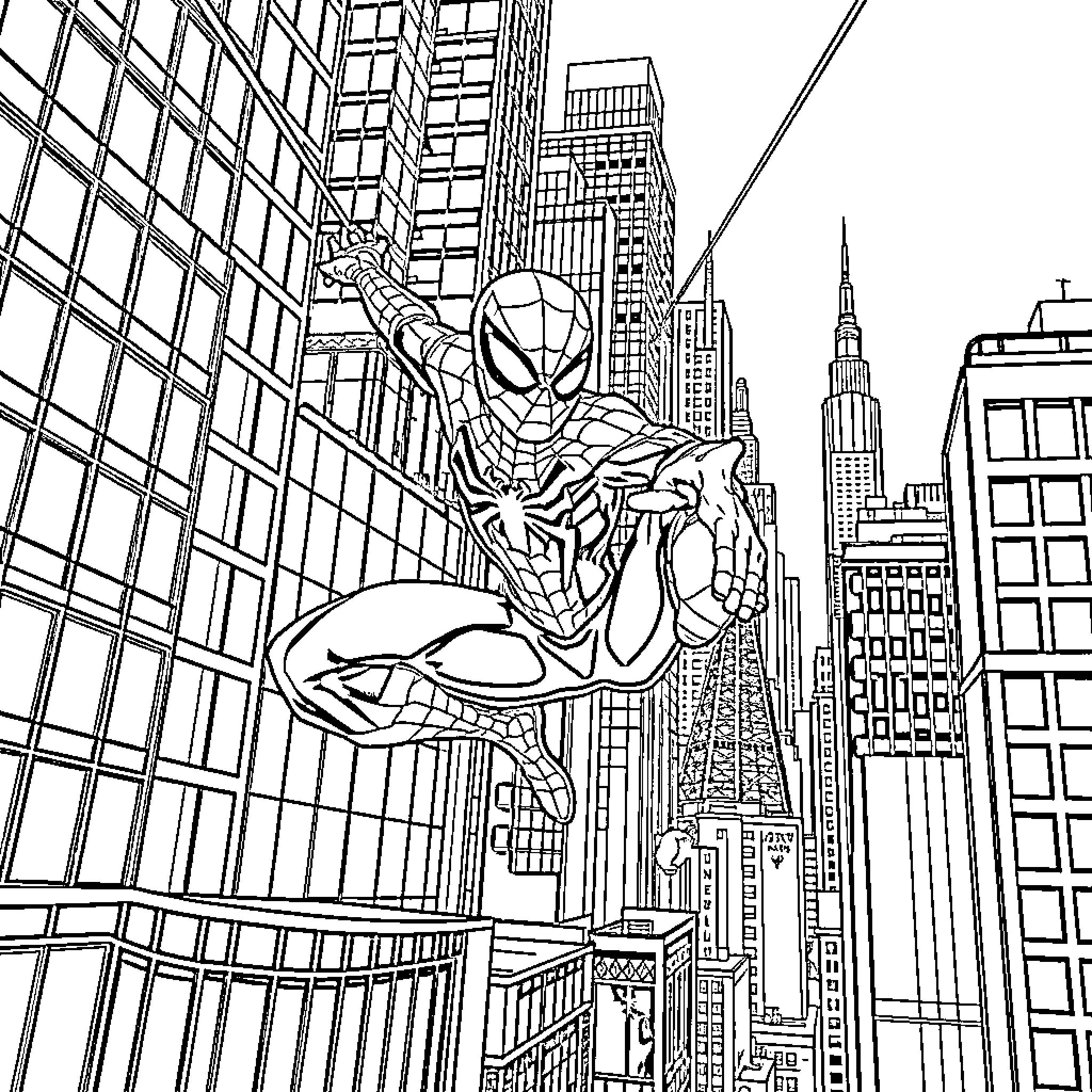 Spider-Man swinging through the cityscape Coloring Page (free black-and-white line drawing printable PDF for all, from beginners to advanced learners, including children, teens, adults, and seniors)