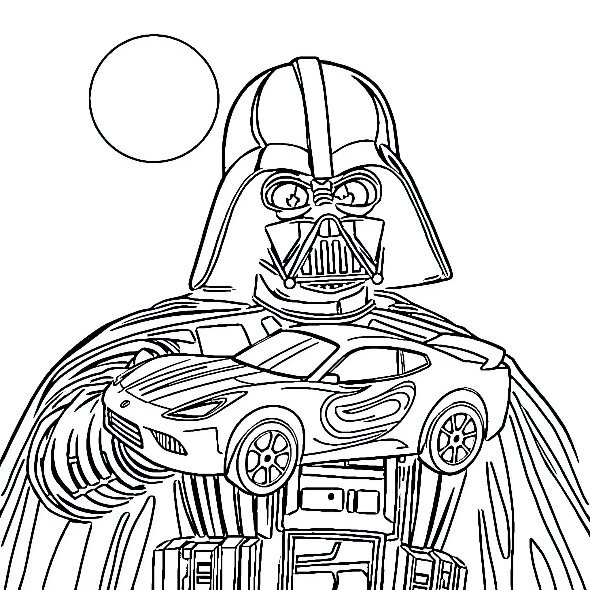 Darth Vader commanding a spaceship Coloring Page (free black-and-white line drawing printable PDF for all, from beginners to advanced learners, including children, teens, adults, and seniors)