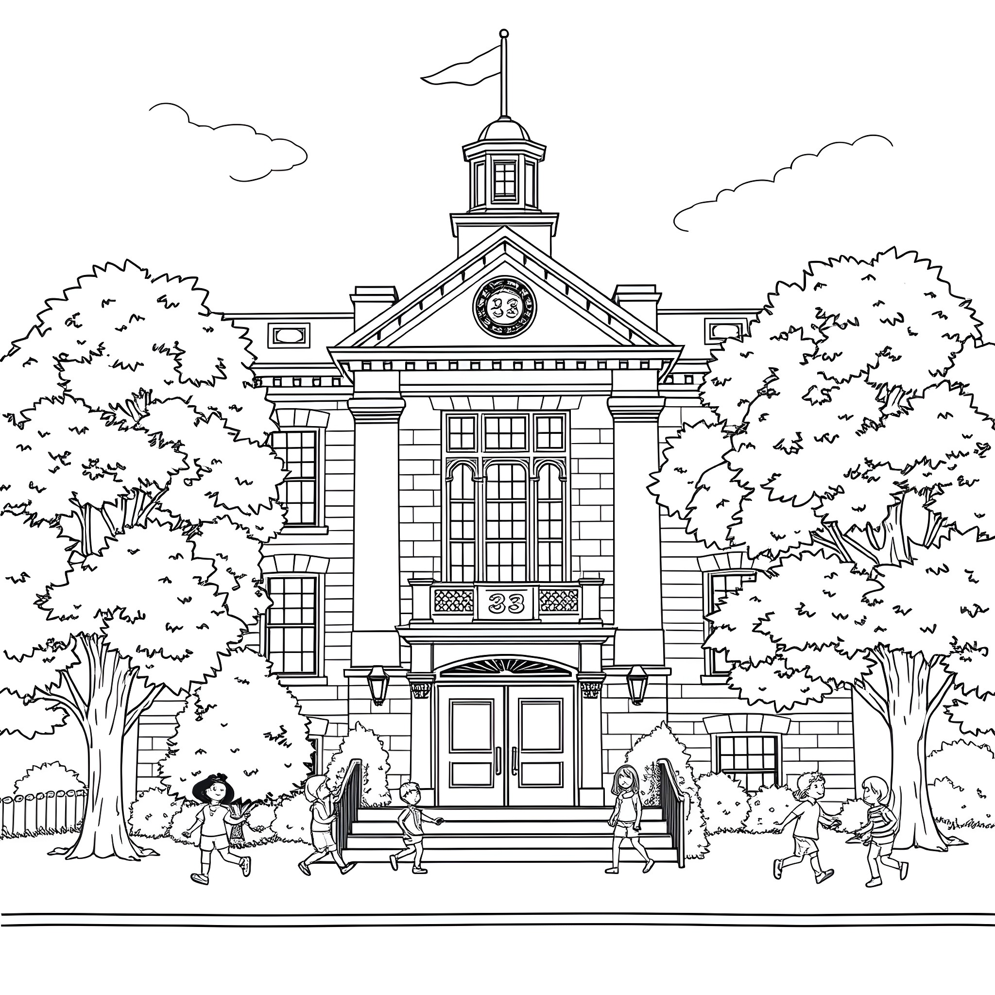 School children exploring historic school building Coloring Page (free black-and-white line drawing printable PDF for all, from beginners to advanced learners, including children, teens, adults, and seniors)