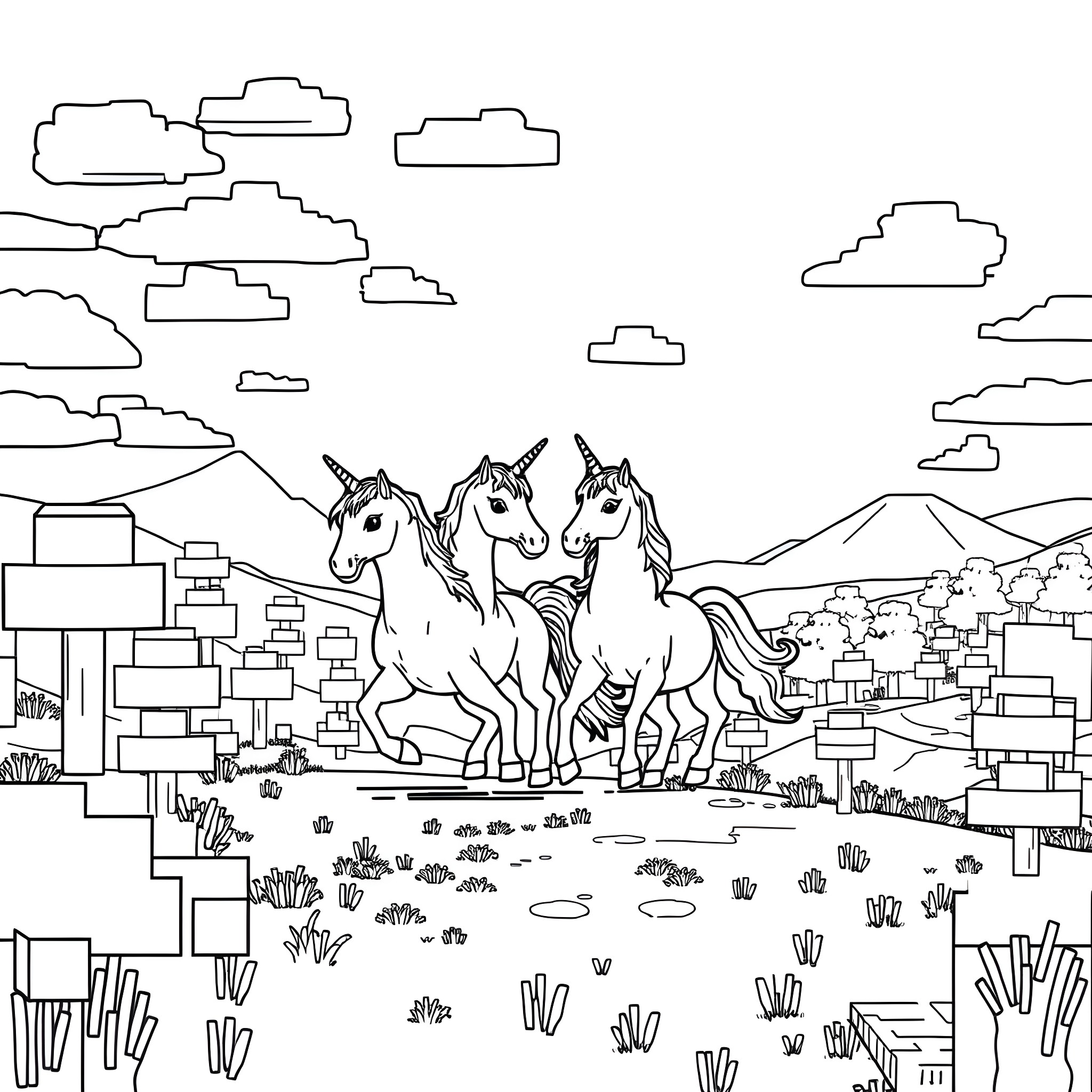 Unicorn Trio Galloping Through Magical Landscape Coloring Page (free black-and-white line drawing printable PDF for all, from beginners to advanced learners, including children, teens, adults, and seniors)