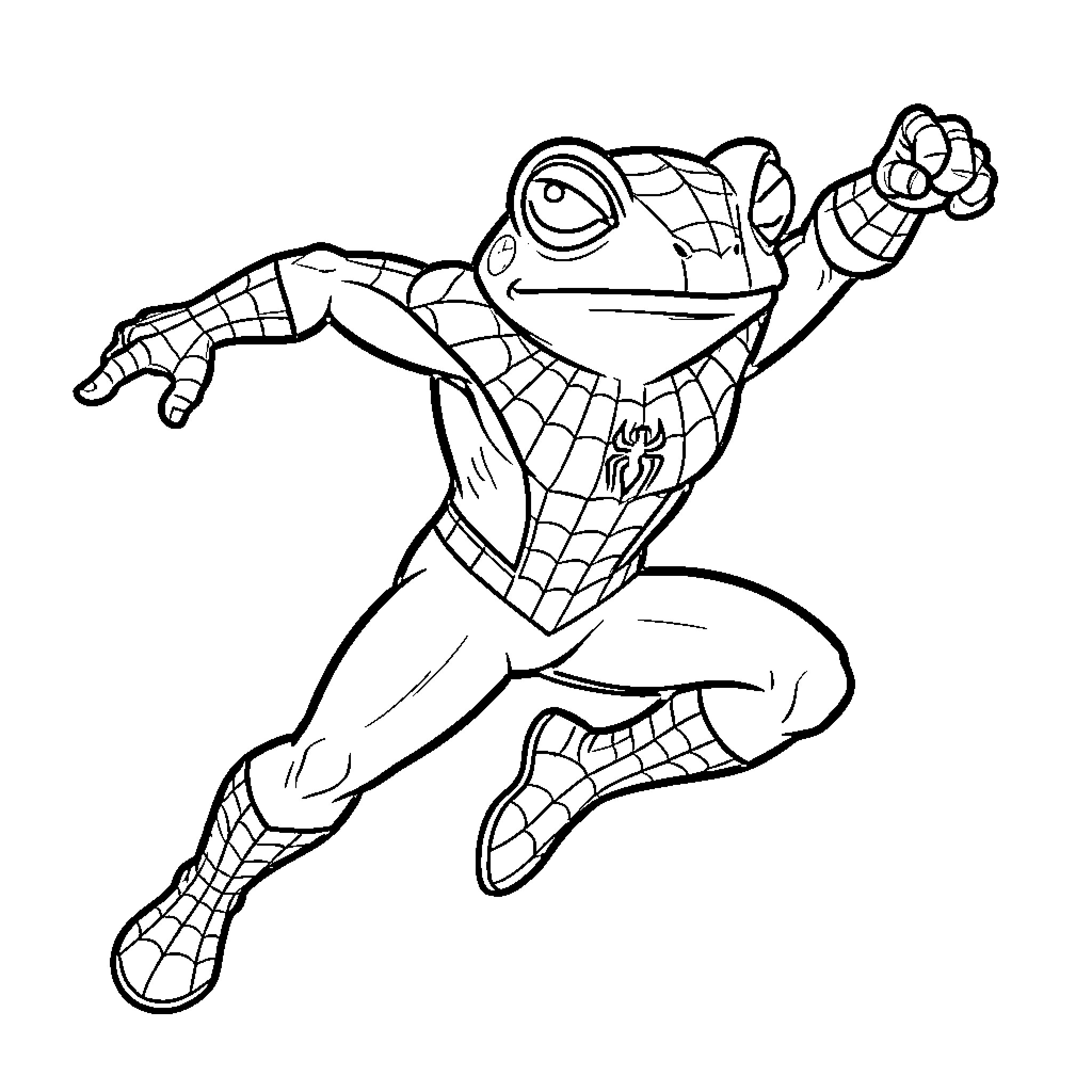 Frog wearing a superhero costume in an action pose Coloring Page (free black-and-white line drawing printable PDF for all, from beginners to advanced learners, including children, teens, adults, and seniors)