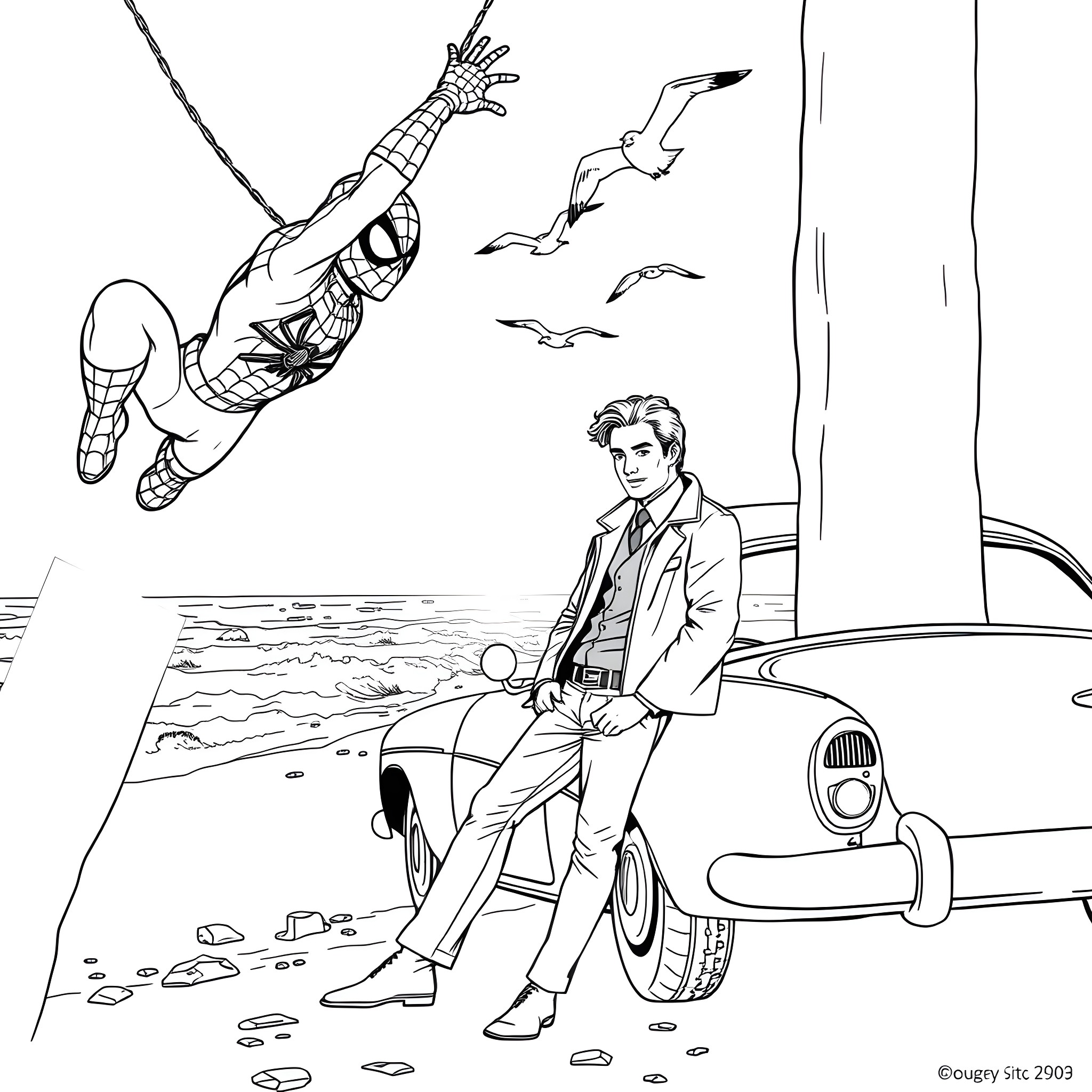 Spiderman swinging over a man in a classic car Coloring Page (free black-and-white line drawing printable PDF for all, from beginners to advanced learners, including children, teens, adults, and seniors)