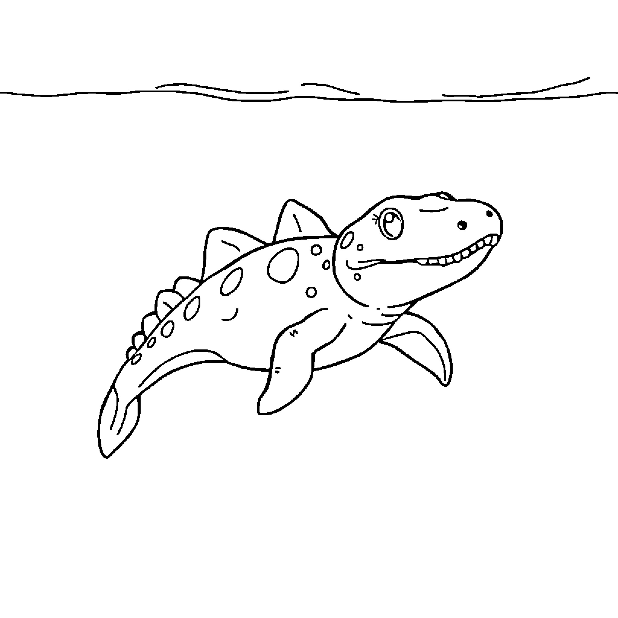 Mosasaurus swimming in the ocean Coloring Page (free black-and-white line drawing printable PDF for all, from beginners to advanced learners, including children, teens, adults, and seniors)