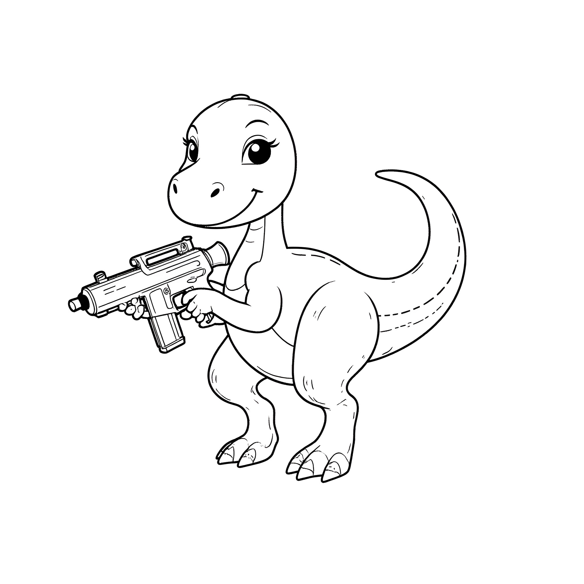 Dinosaur playing with toy gun Coloring Page (free black-and-white line drawing printable PDF for all, from beginners to advanced learners, including children, teens, adults, and seniors)