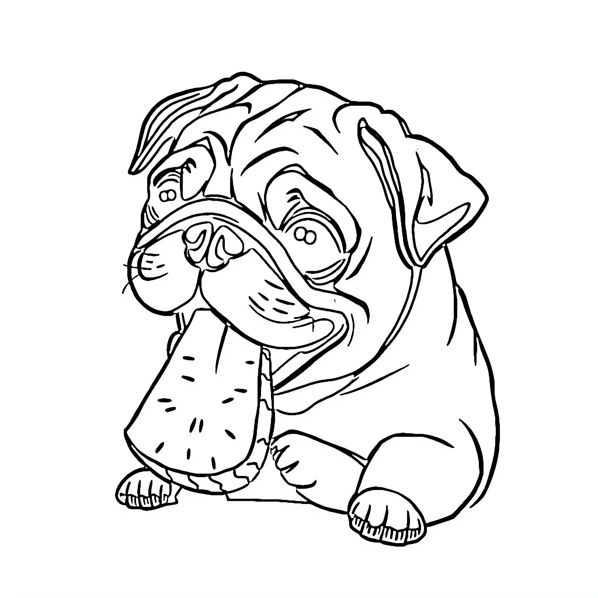 Pug enjoying a snack Coloring Page (free black-and-white line drawing printable PDF for all, from beginners to advanced learners, including children, teens, adults, and seniors)