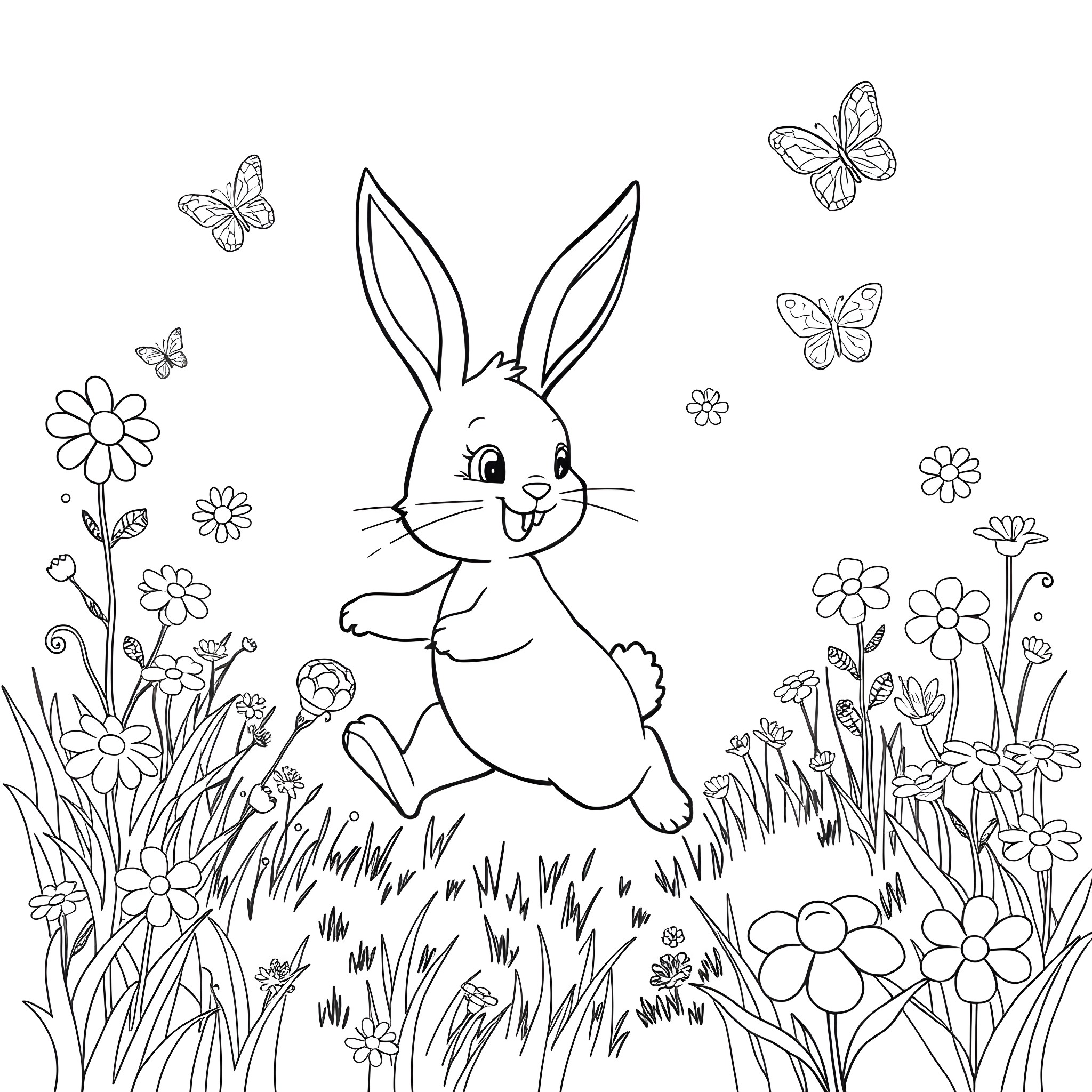 Bunny playing happily among flowers and butterflies Coloring Page (free black-and-white line drawing printable PDF for all, from beginners to advanced learners, including children, teens, adults, and seniors)