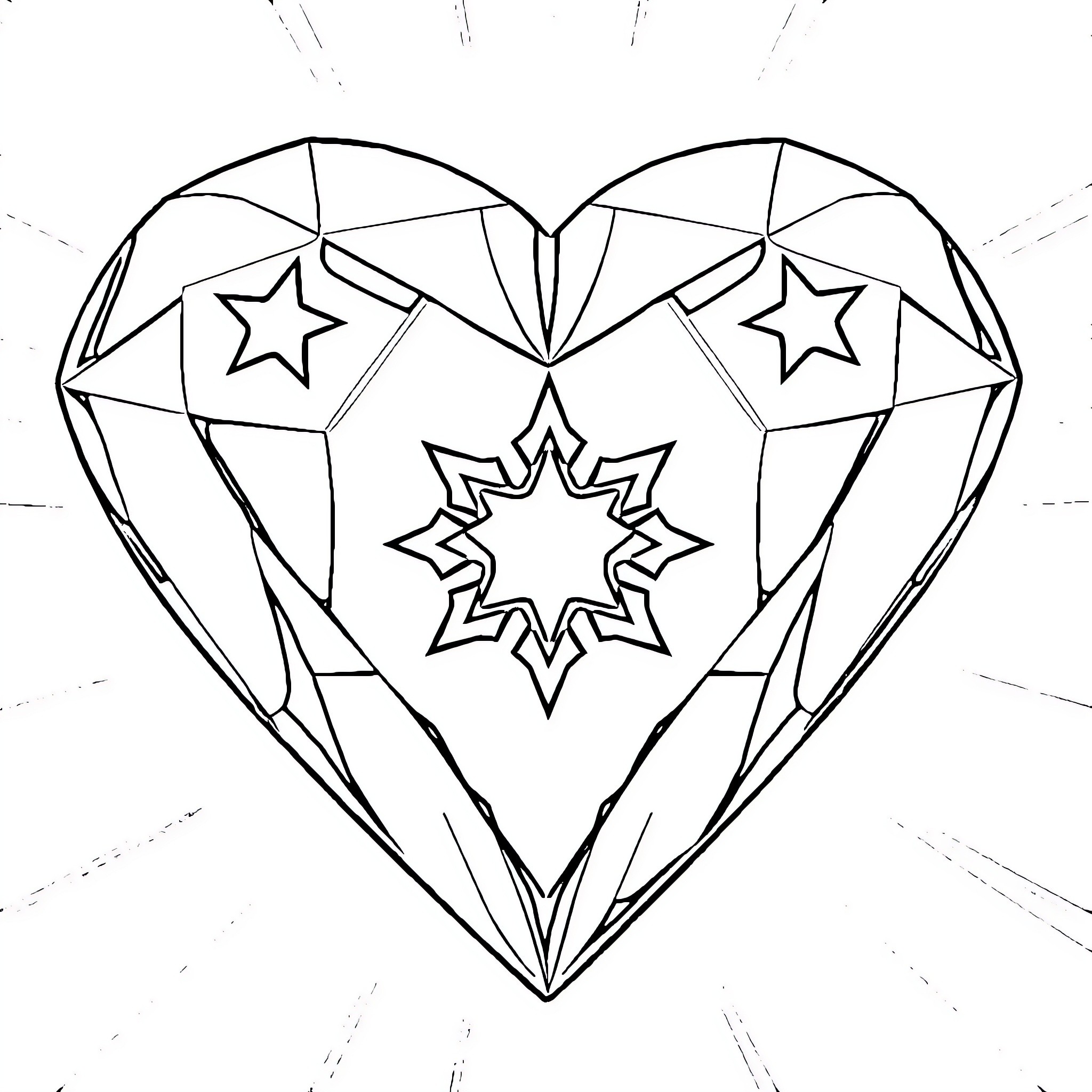 Diamond-shaped heart with star patterns Coloring Page (free black-and-white line drawing printable PDF for all, from beginners to advanced learners, including children, teens, adults, and seniors)
