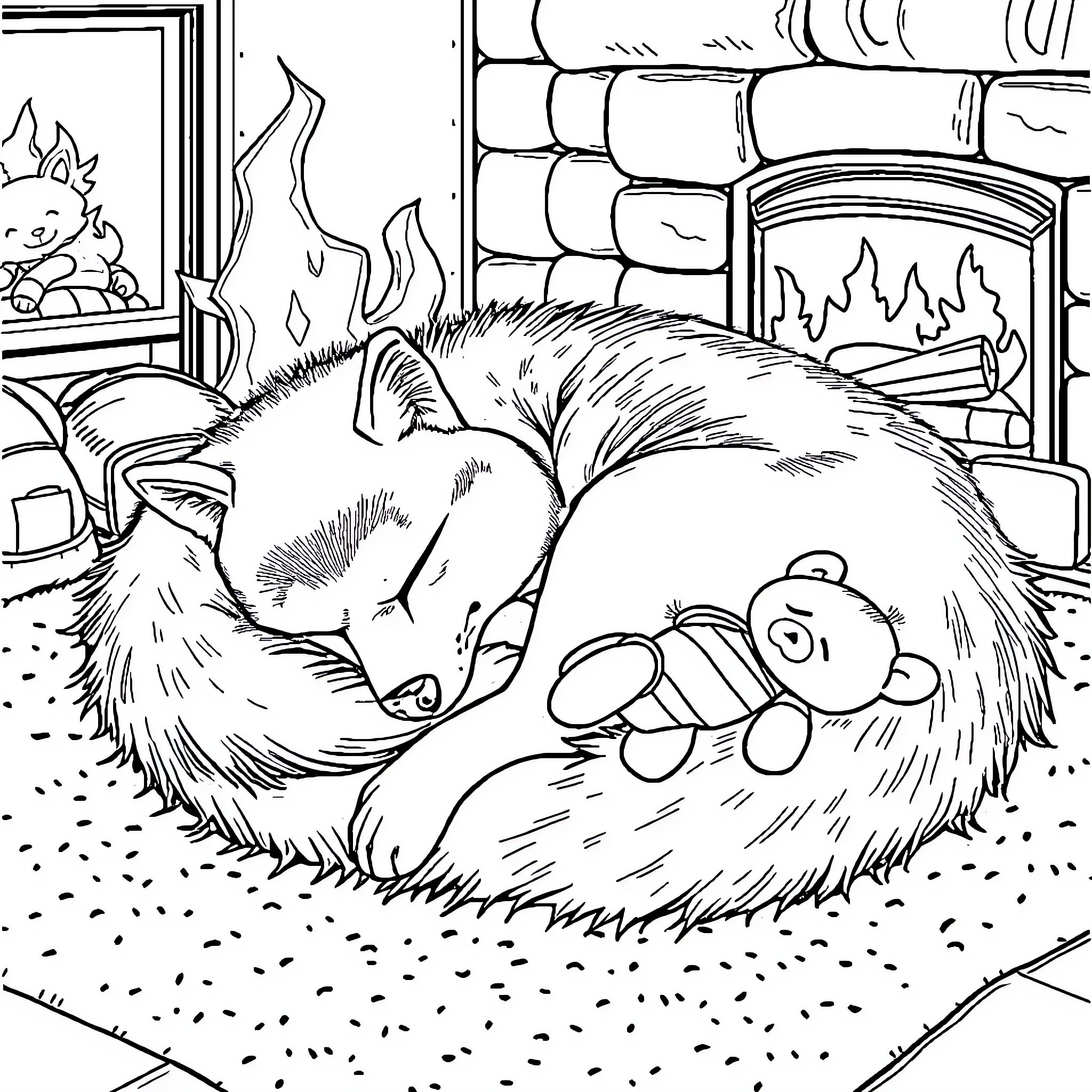 Shiba Inu relaxing by the cozy fireplace Coloring Page (free black-and-white line drawing printable PDF for all, from beginners to advanced learners, including children, teens, adults, and seniors)