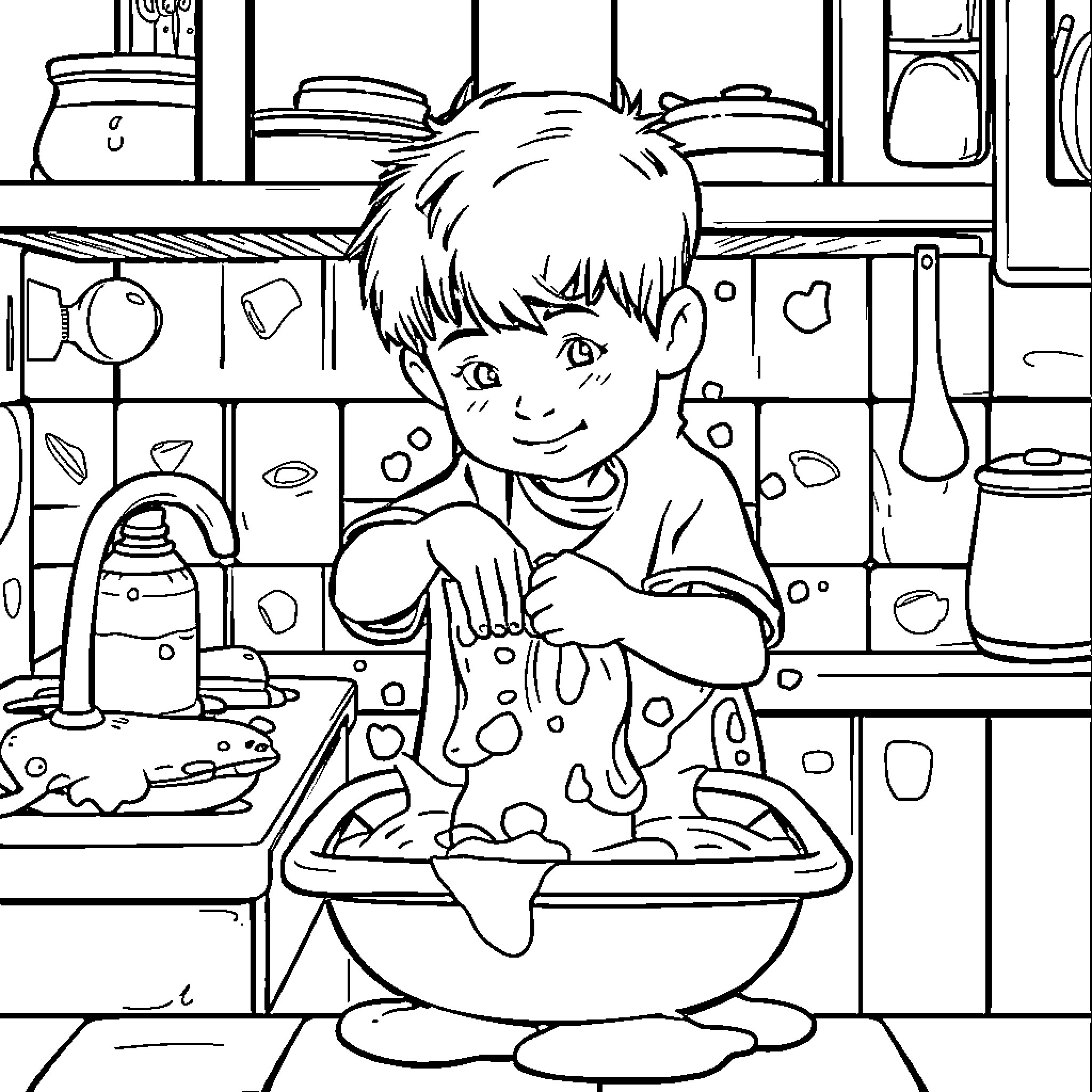Niño cooking a meal in the kitchen Coloring Page (free black-and-white line drawing printable PDF for all, from beginners to advanced learners, including children, teens, adults, and seniors)