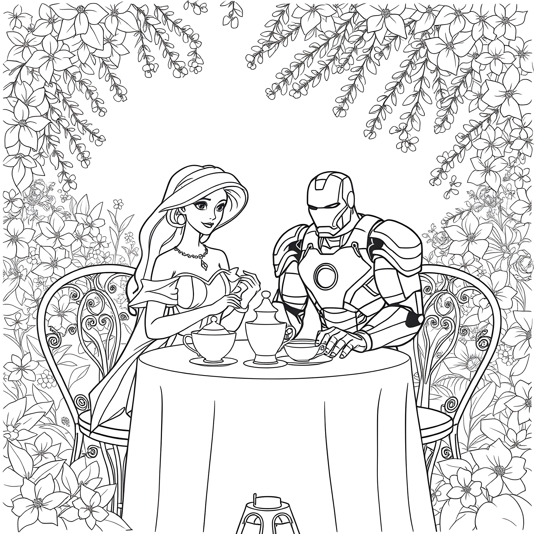 Iron Man and Princess Tea Party in Floral Garden Coloring Page (free black-and-white line drawing printable PDF for all, from beginners to advanced learners, including children, teens, adults, and seniors)