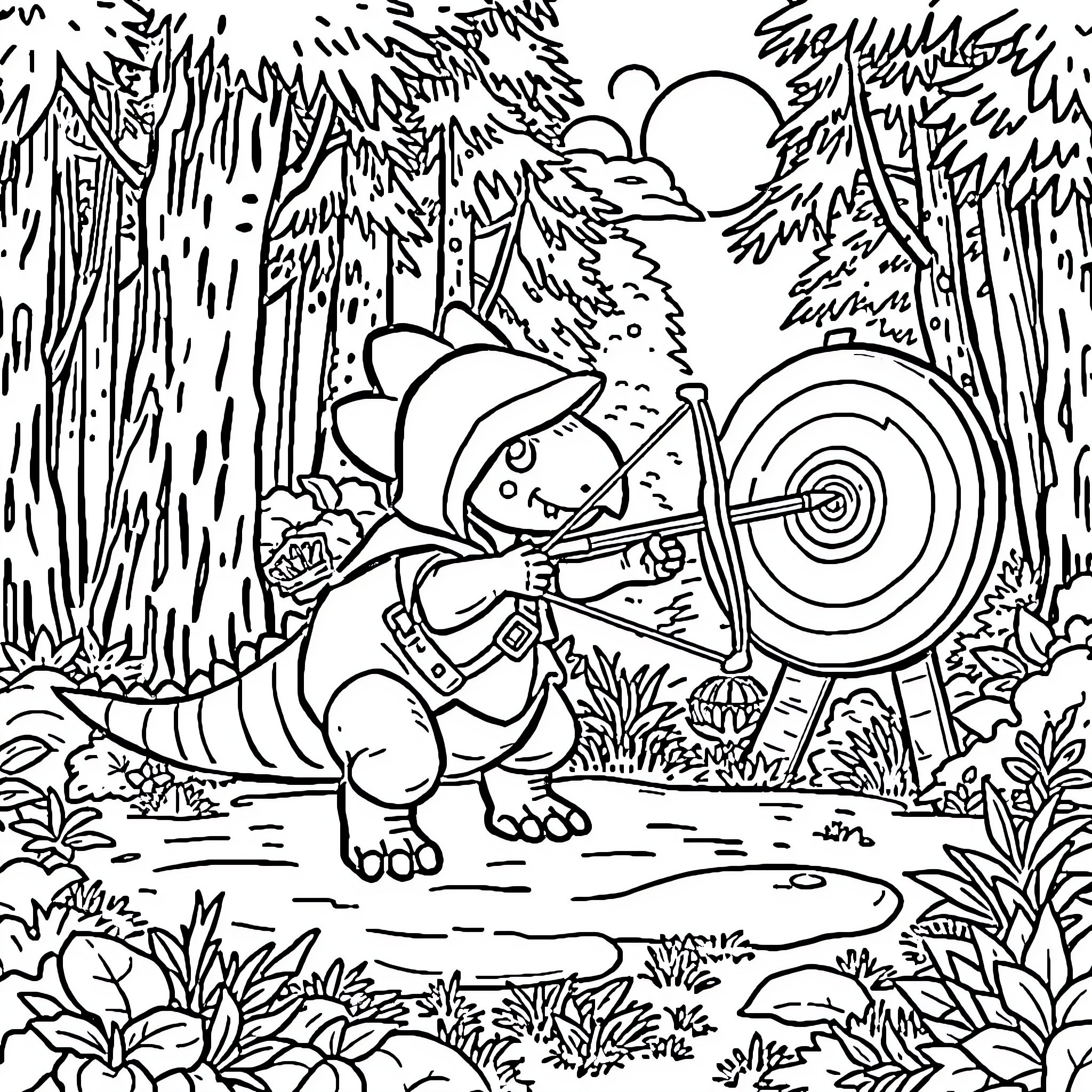 Ankylosaurus preparing for battle in the forest Coloring Page (free black-and-white line drawing printable PDF for all, from beginners to advanced learners, including children, teens, adults, and seniors)