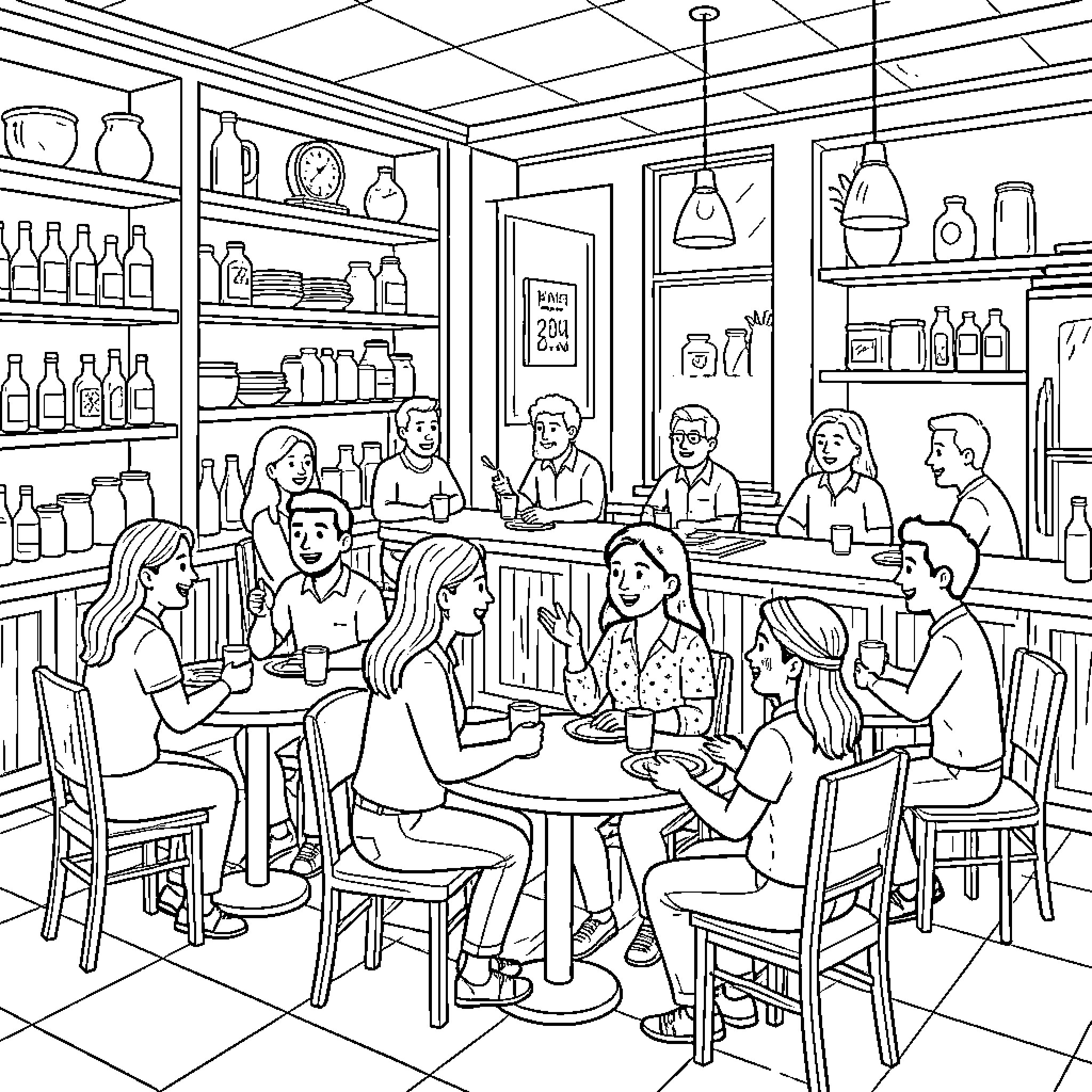 סטיייץ חברים יושבים ונהנים בבית קפה Coloring Page (free black-and-white line drawing printable PDF for all, from beginners to advanced learners, including children, teens, adults, and seniors)