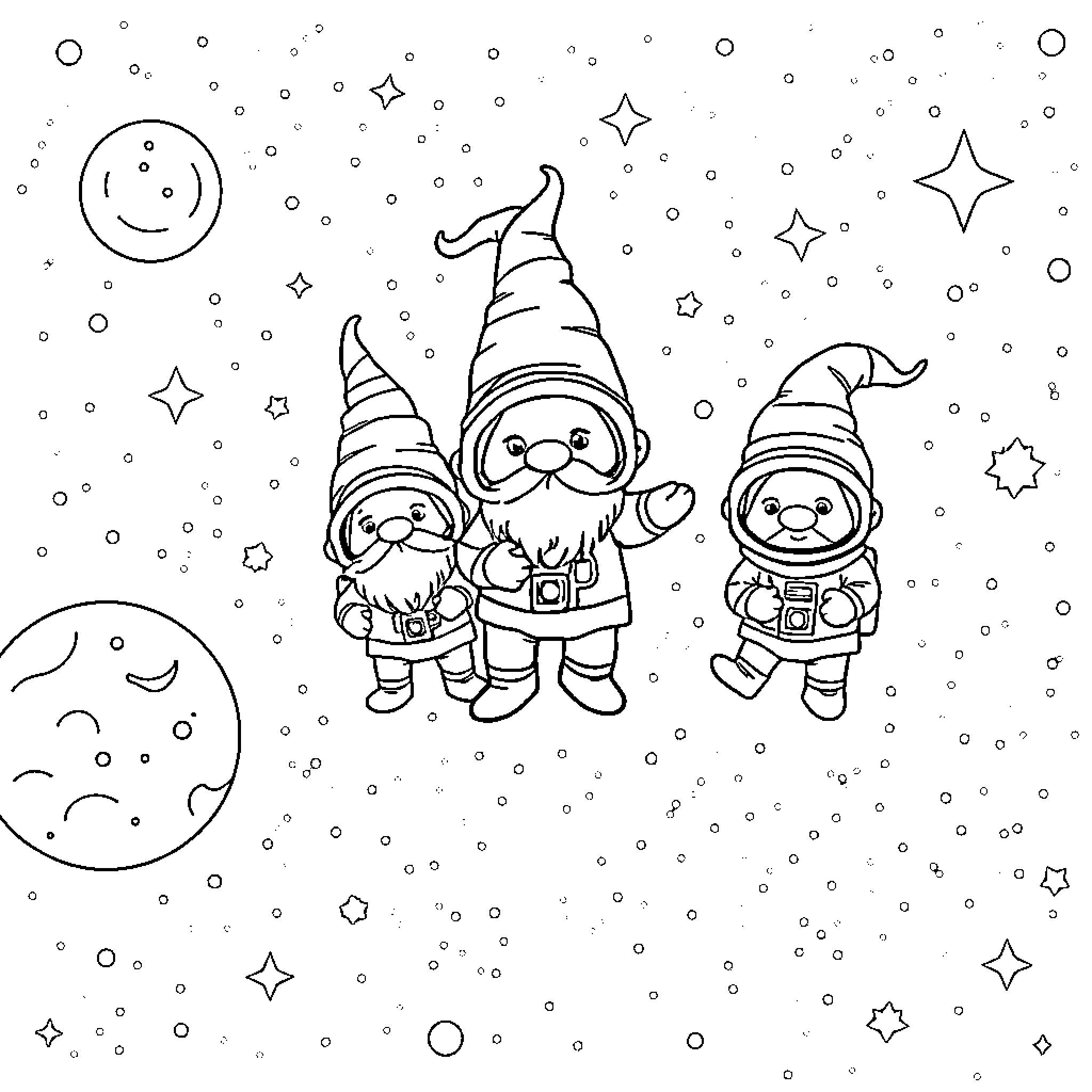 Gnome friends celebrate under the starry night sky Coloring Page (free black-and-white line drawing printable PDF for all, from beginners to advanced learners, including children, teens, adults, and seniors)