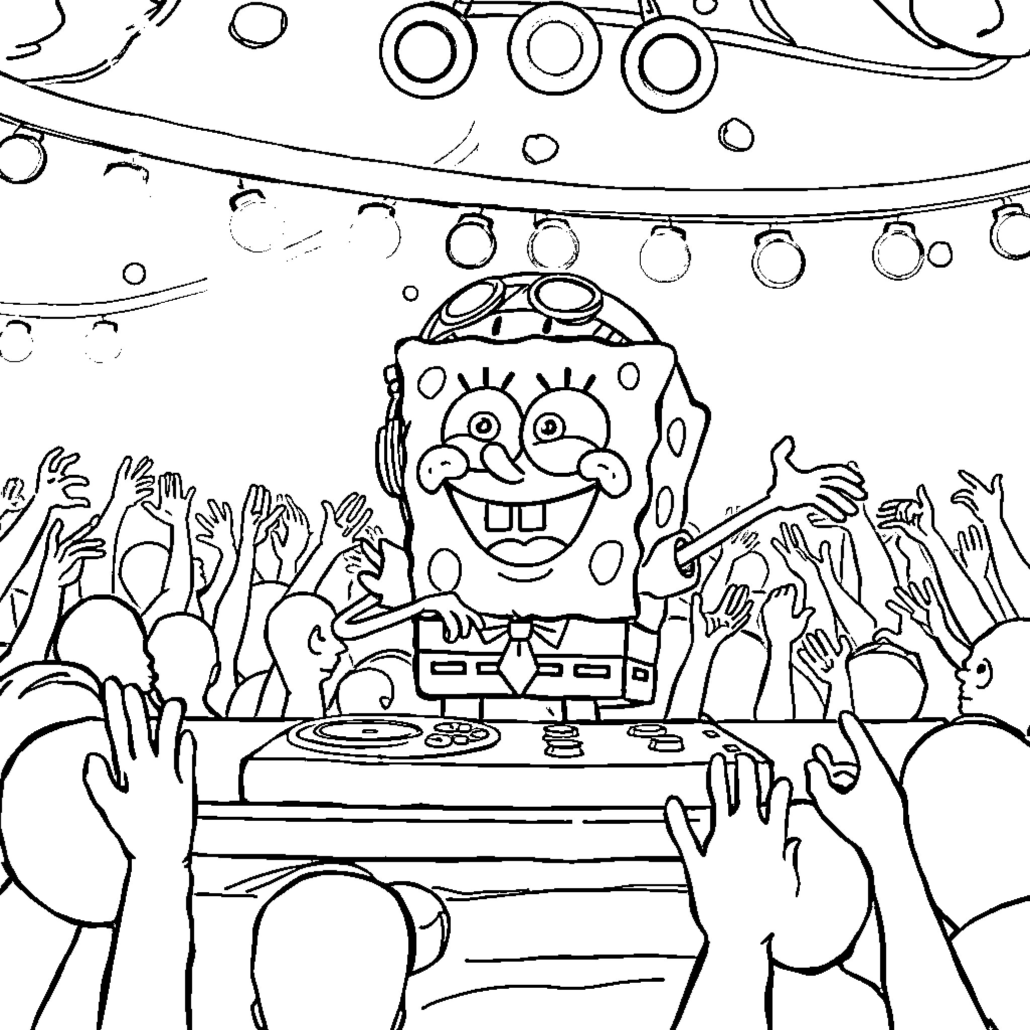 Spongebob hosting an energetic dance party Coloring Page (free black-and-white line drawing printable PDF for all, from beginners to advanced learners, including children, teens, adults, and seniors)
