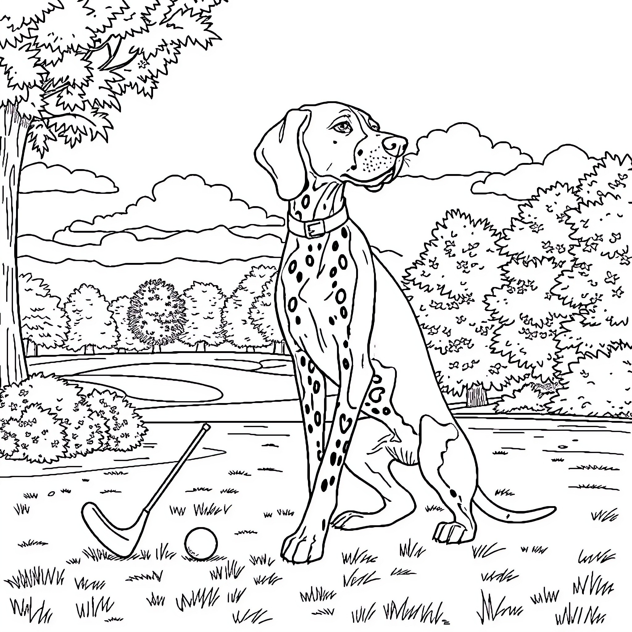 German Shorthaired Pointer playing fetch in a scenic outdoors Coloring Page (free black-and-white line drawing printable PDF for all, from beginners to advanced learners, including children, teens, adults, and seniors)